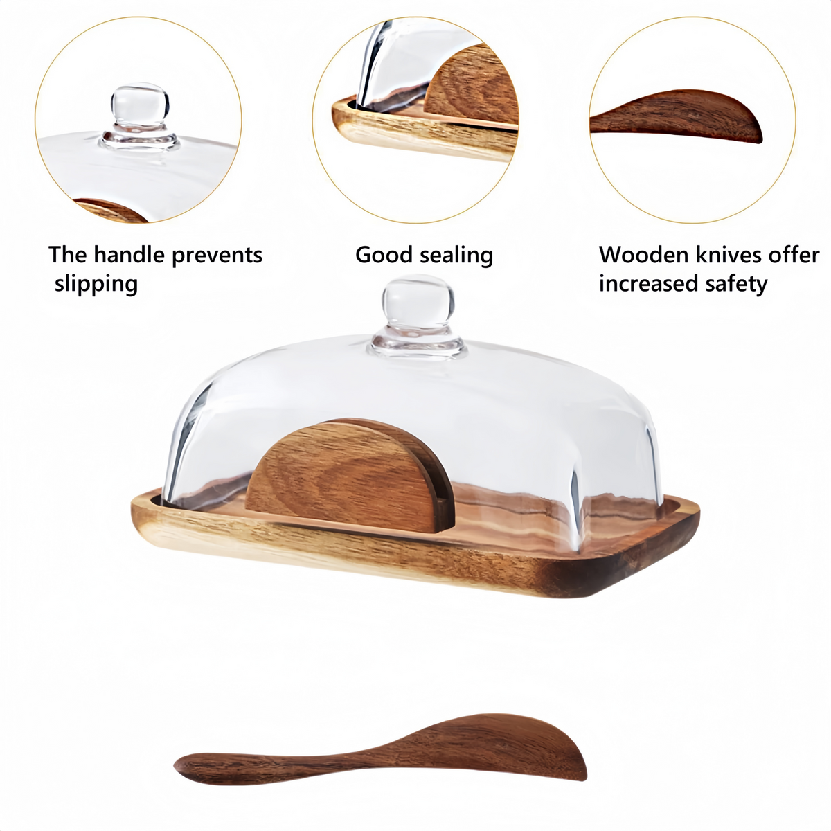 Wooden Butter Dish with Glass Lid, Rustic Butter Keeper with Cover for Countertop, Cheese & Bread Serving Tray