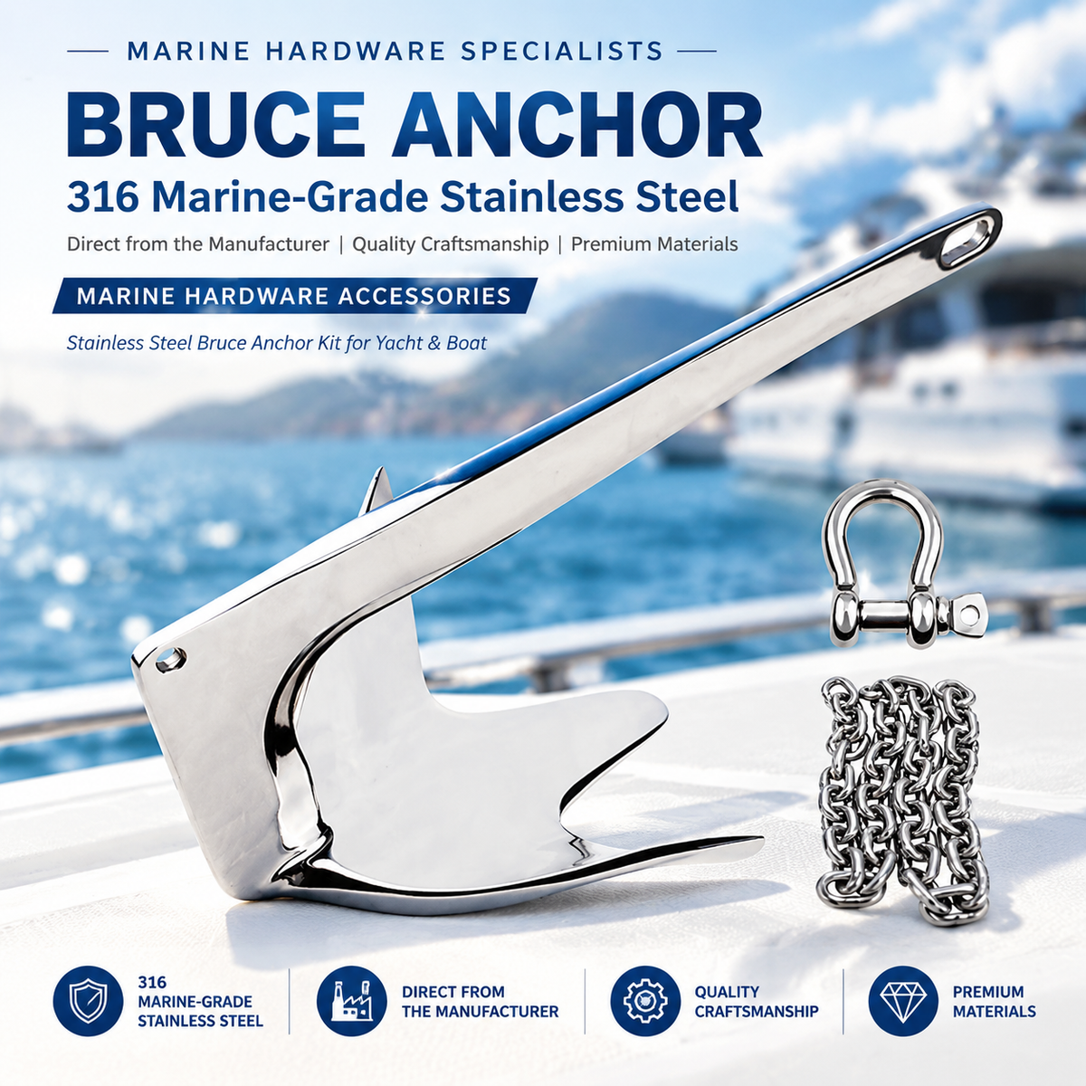 Marine Bruce Anchor in 316 Stainless Steel for Yachts and Boats, Secure Mooring and Stable Holding in Various Seabeds, Corrosion Resistant Dock Hardware (2kg Bruce Anchor Set)