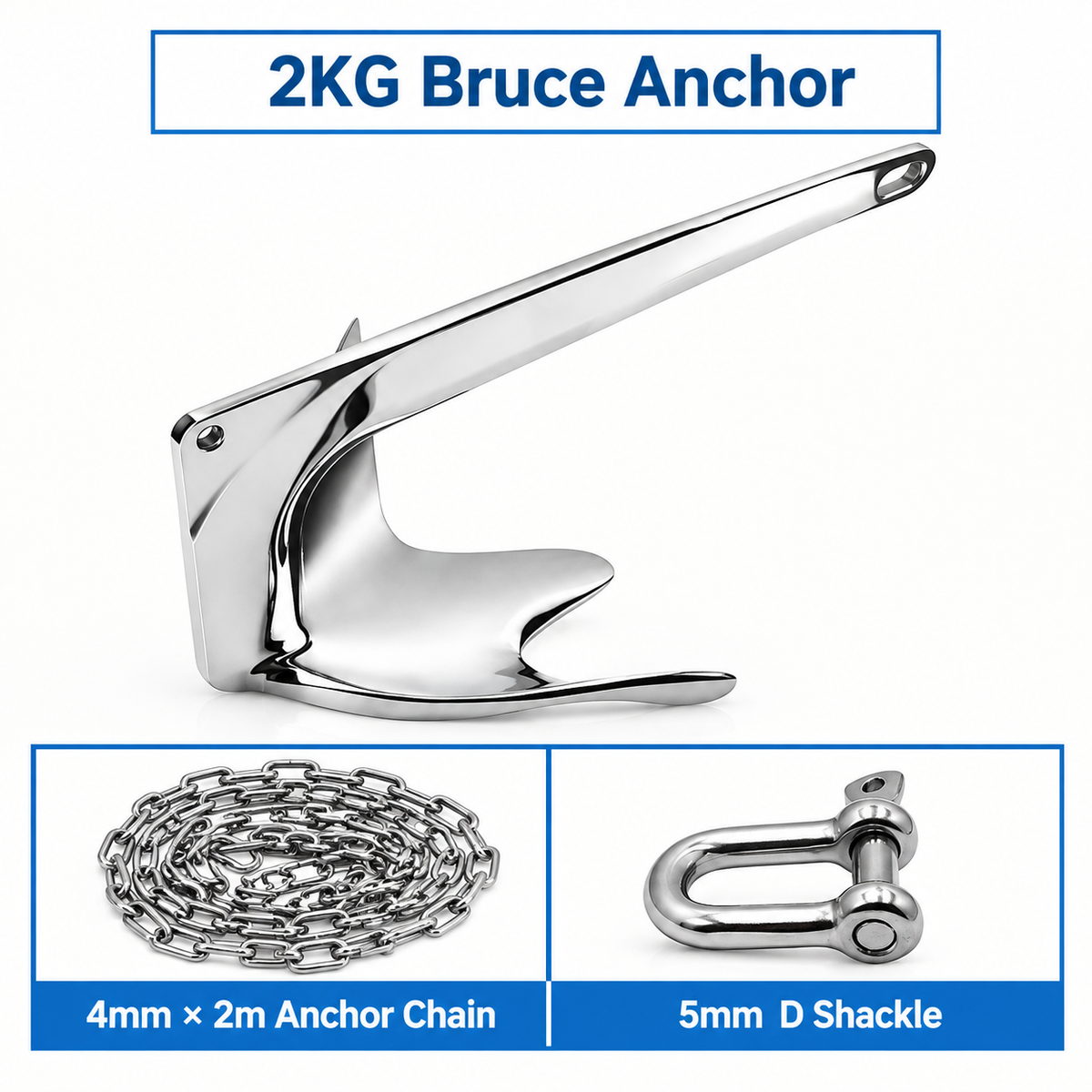 Marine Bruce Anchor in 316 Stainless Steel for Yachts and Boats, Secure Mooring and Stable Holding in Various Seabeds, Corrosion Resistant Dock Hardware (2kg Bruce Anchor Set)