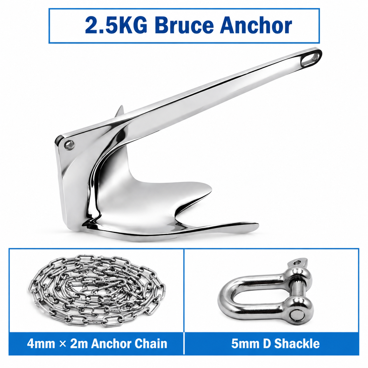 Marine Bruce Anchor in 316 Stainless Steel for Yachts and Boats, Secure Mooring and Stable Holding in Various Seabeds, Corrosion Resistant Dock Hardware (2kg Bruce Anchor Set)