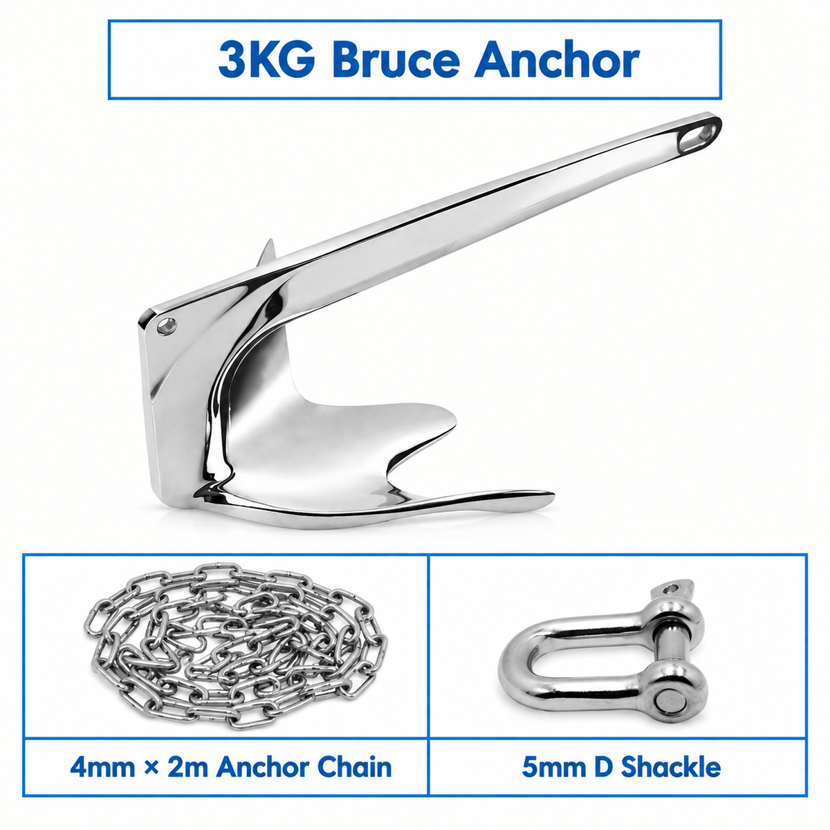 Marine Bruce Anchor in 316 Stainless Steel for Yachts and Boats, Secure Mooring and Stable Holding in Various Seabeds, Corrosion Resistant Dock Hardware (2kg Bruce Anchor Set)