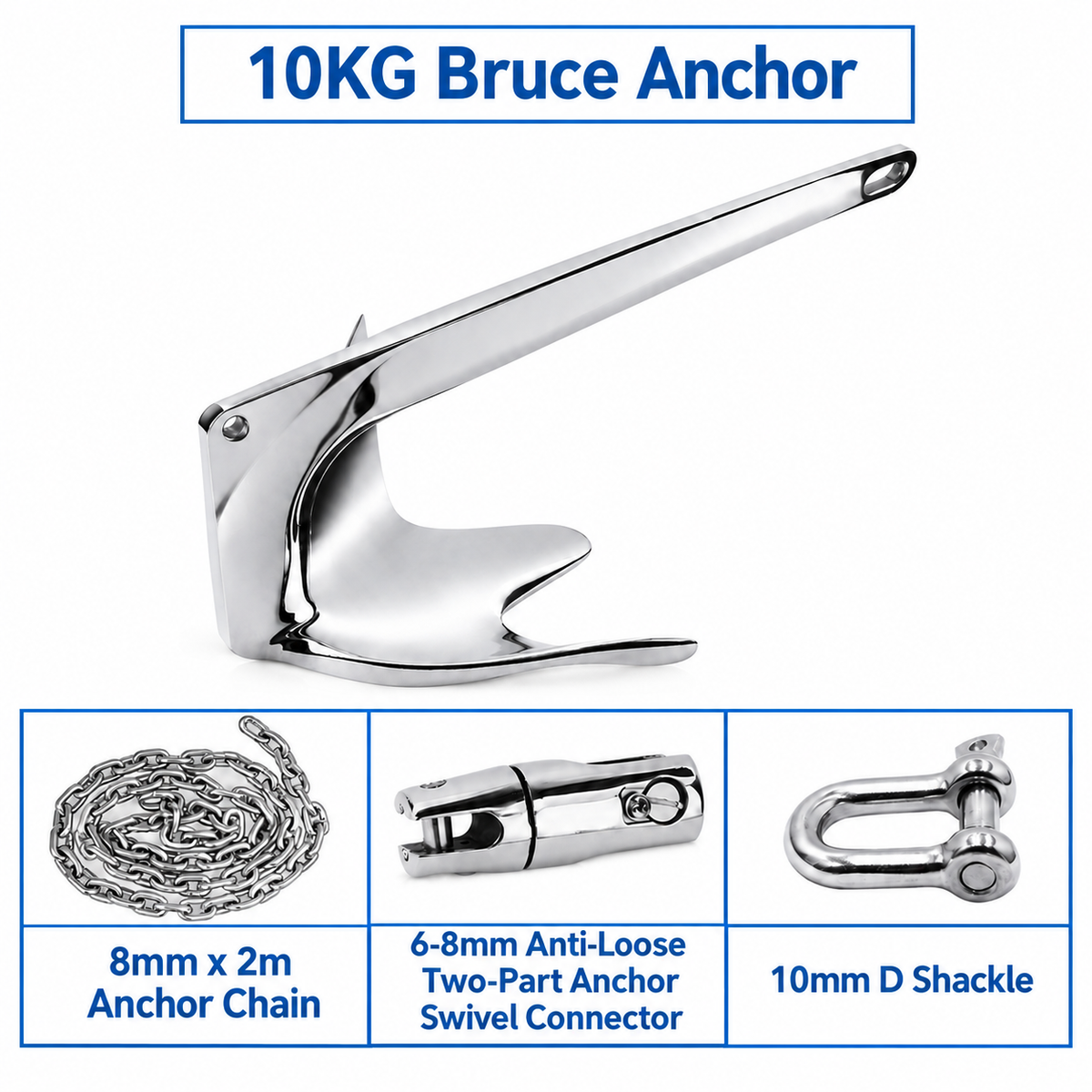 Marine Bruce Anchor in 316 Stainless Steel for Yachts and Boats, Secure Mooring and Stable Holding in Various Seabeds, Corrosion Resistant Dock Hardware (2kg Bruce Anchor Set)