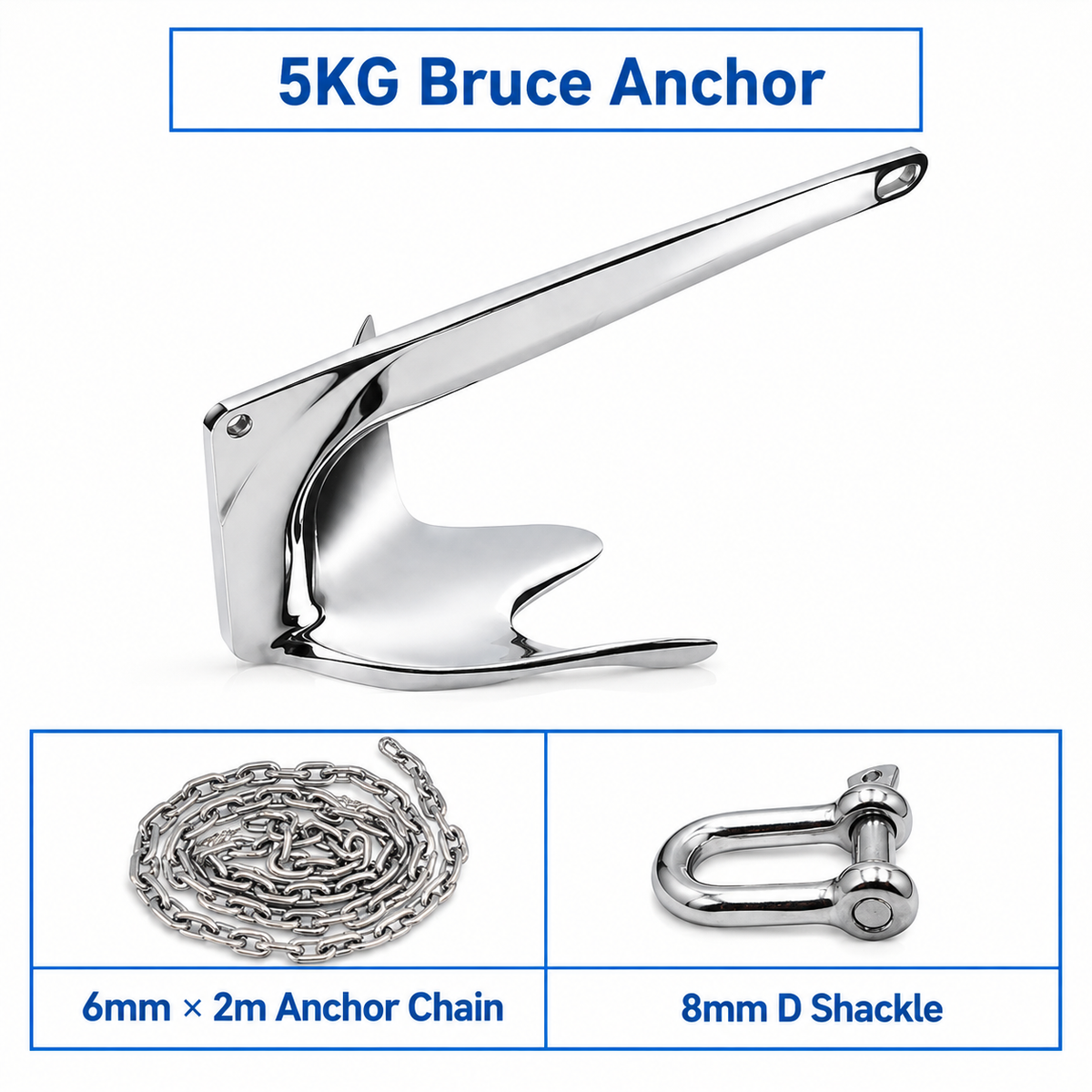 Marine Bruce Anchor in 316 Stainless Steel for Yachts and Boats, Secure Mooring and Stable Holding in Various Seabeds, Corrosion Resistant Dock Hardware (5kg Bruce Anchor Set)