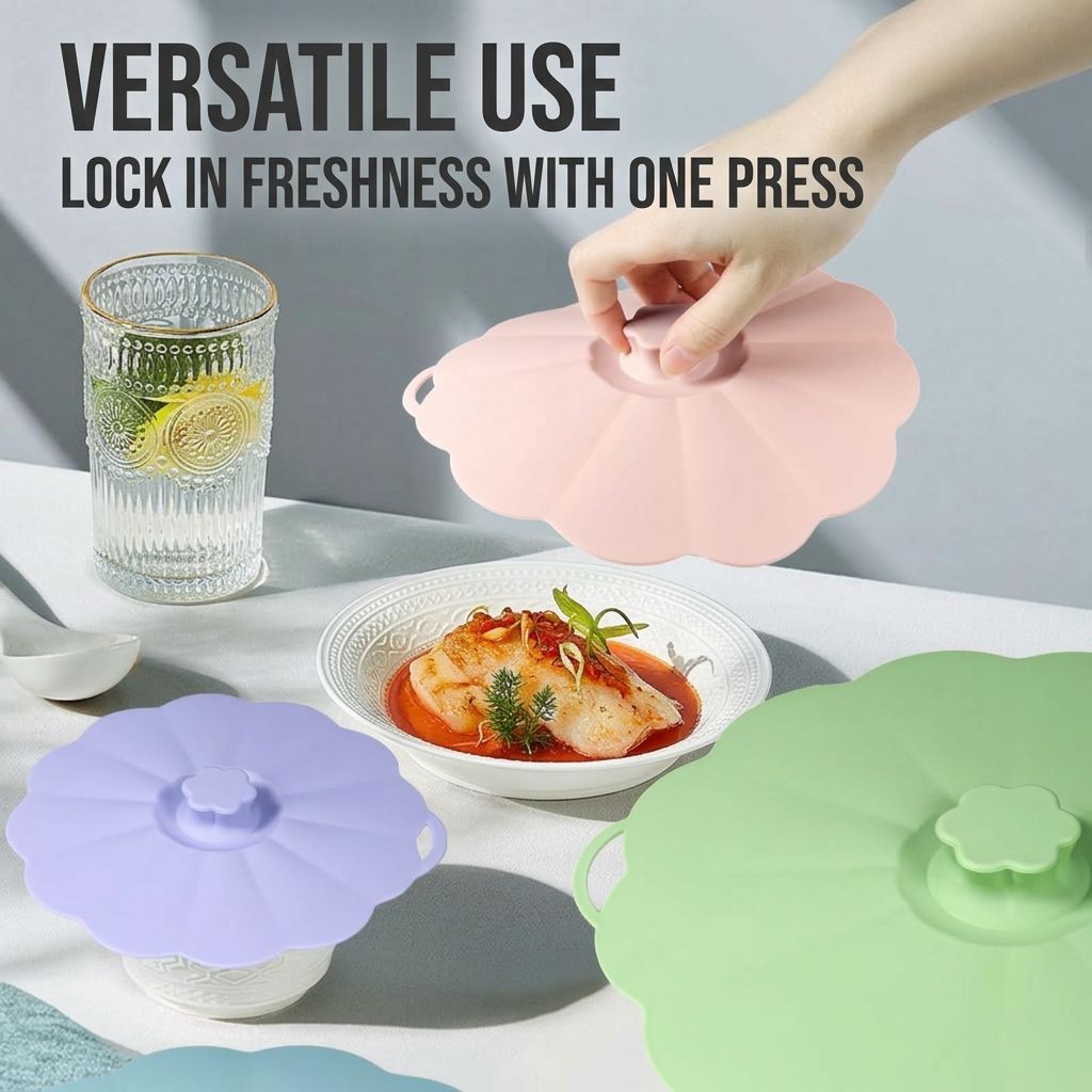 Food-Grade Silicone Stretchable Sealing Lids Set of 5 – Leak-Proof Reusable Covers for Bowls, Cups, Plates & Pots, BPA-Free, Heat Resistant to 230°C, Airtight Kitchen Freshness Keepers in Pastel Colors with Flower Knob (Green)