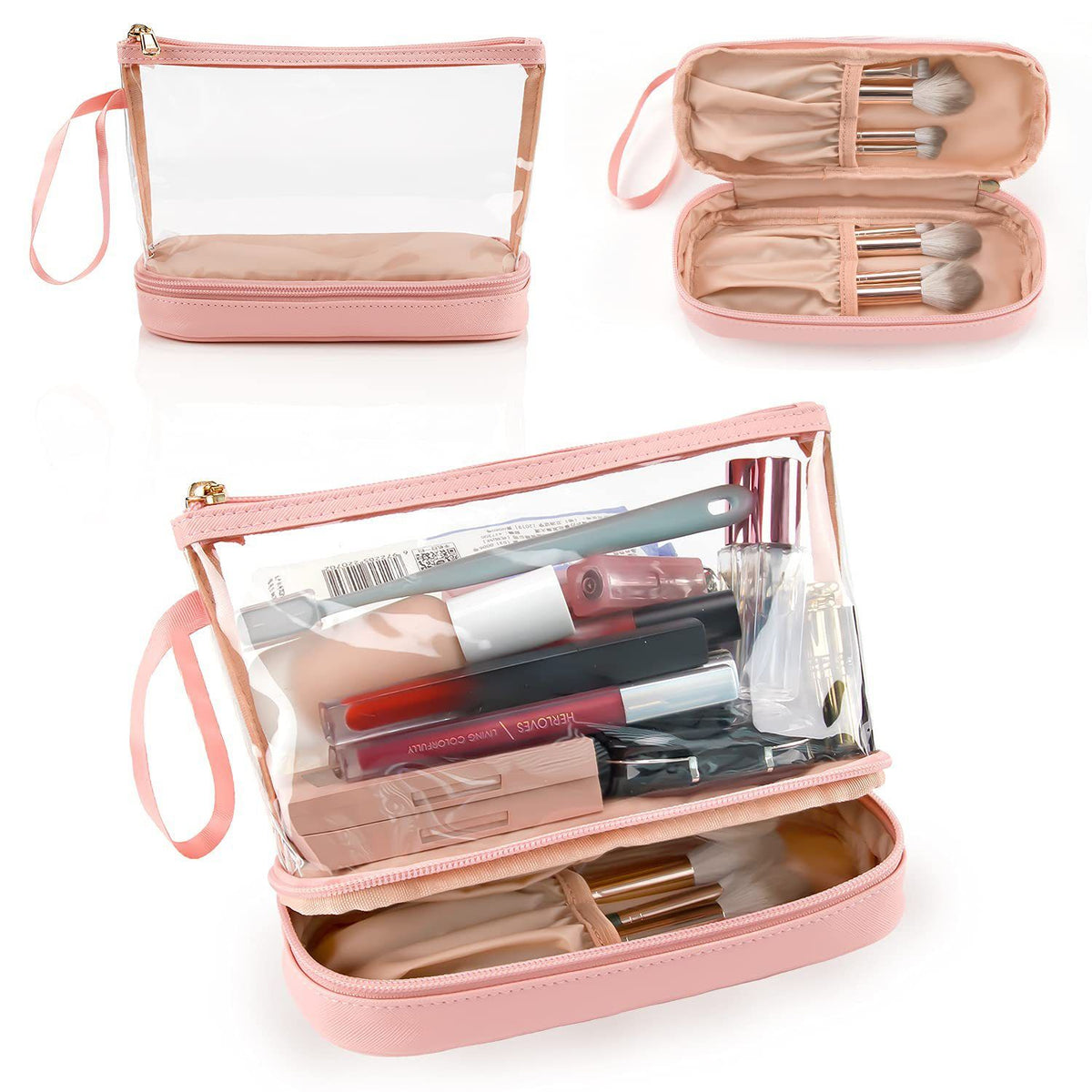 Double-Layer Portable Cosmetic Bag with Clear PVC Top and Vegan Leather Base, Large Capacity Makeup Organizer for Daily Use, Travel, Toiletries and Accessories (Pink)