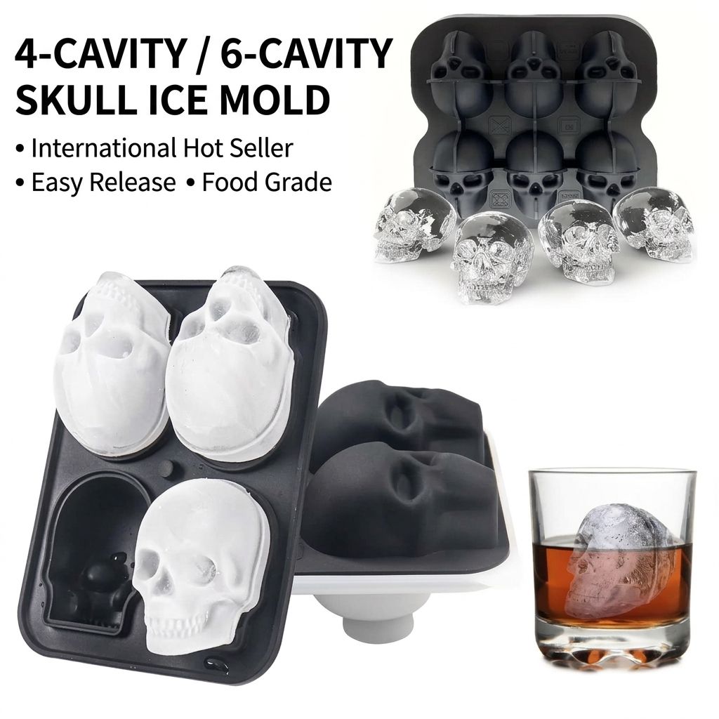 Skull Ice Mold Tray for Whiskey and Cocktails – Food-Grade Silicone with Leak-Proof Funnel Lid, Creates Large or Mini Skull-Shaped Ice Cubes for Spooky Themed Parties, Home Bars, and Everyday Drinks (Black, 4-Cavity Mold)