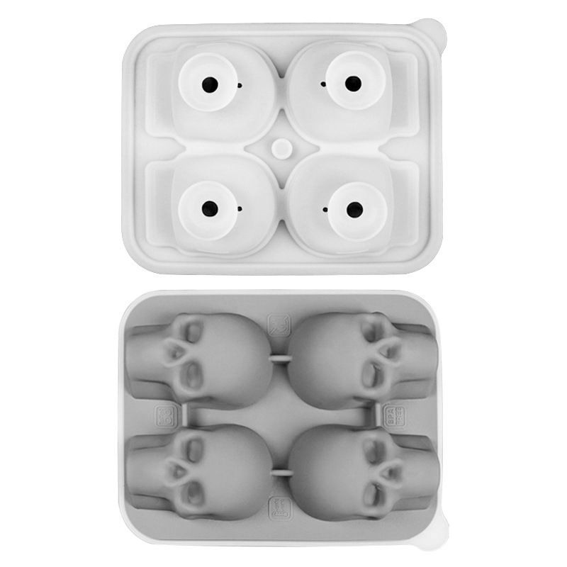 Skull Ice Mold Tray for Whiskey and Cocktails – Food-Grade Silicone with Leak-Proof Funnel Lid, Creates Large or Mini Skull-Shaped Ice Cubes for Spooky Themed Parties, Home Bars, and Everyday Drinks (Black, 4-Cavity Mold)