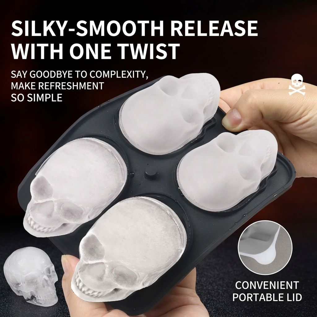 Skull Ice Mold Tray for Whiskey and Cocktails – Food-Grade Silicone with Leak-Proof Funnel Lid, Creates Large or Mini Skull-Shaped Ice Cubes for Spooky Themed Parties, Home Bars, and Everyday Drinks (Grey, 4-Cavity Mold)