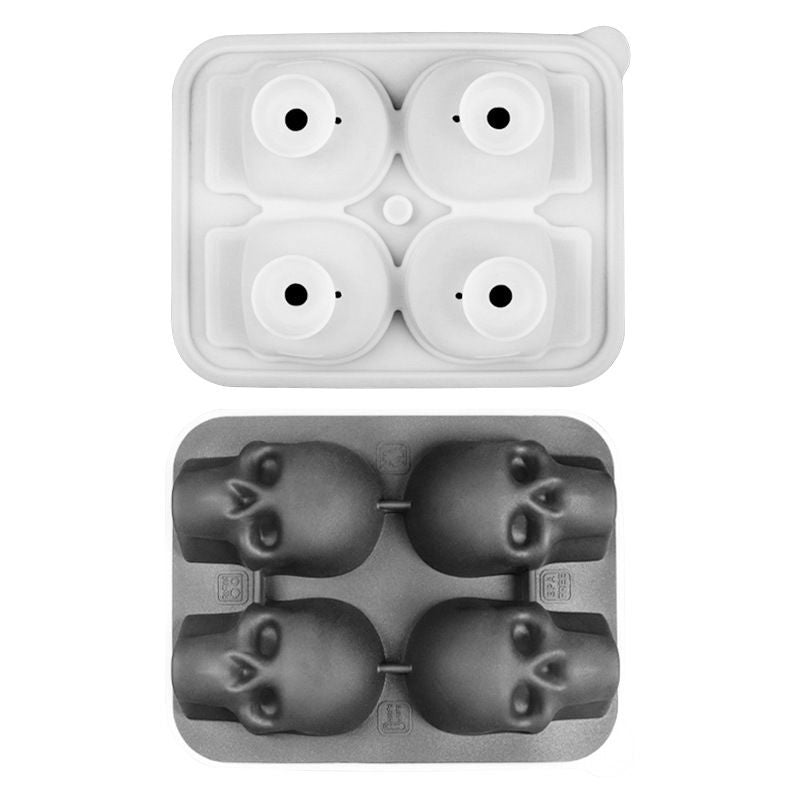 Skull Ice Mold Tray for Whiskey and Cocktails – Food-Grade Silicone with Leak-Proof Funnel Lid, Creates Large or Mini Skull-Shaped Ice Cubes for Spooky Themed Parties, Home Bars, and Everyday Drinks (Grey, 4-Cavity Mold)