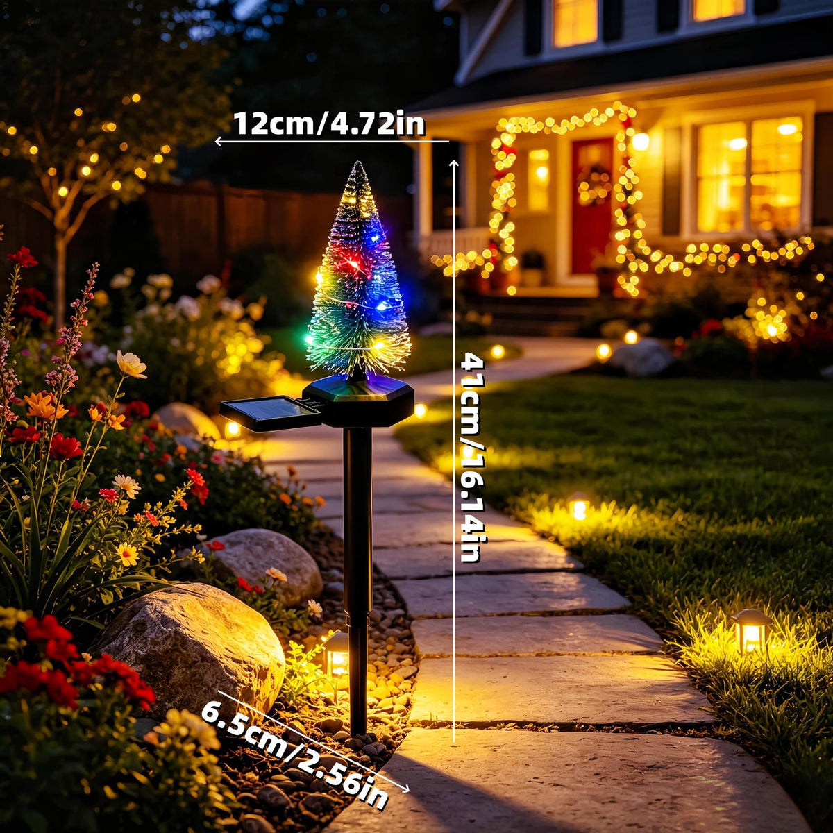 Solar Christmas Tree Garden LED Stake Light, Outdoor Yard Pathway Decoration with Warm or Multicolor Lights, Perfect for Holiday Festive Ambiance in Lawns, Flower Beds, and Fences (Colorful)