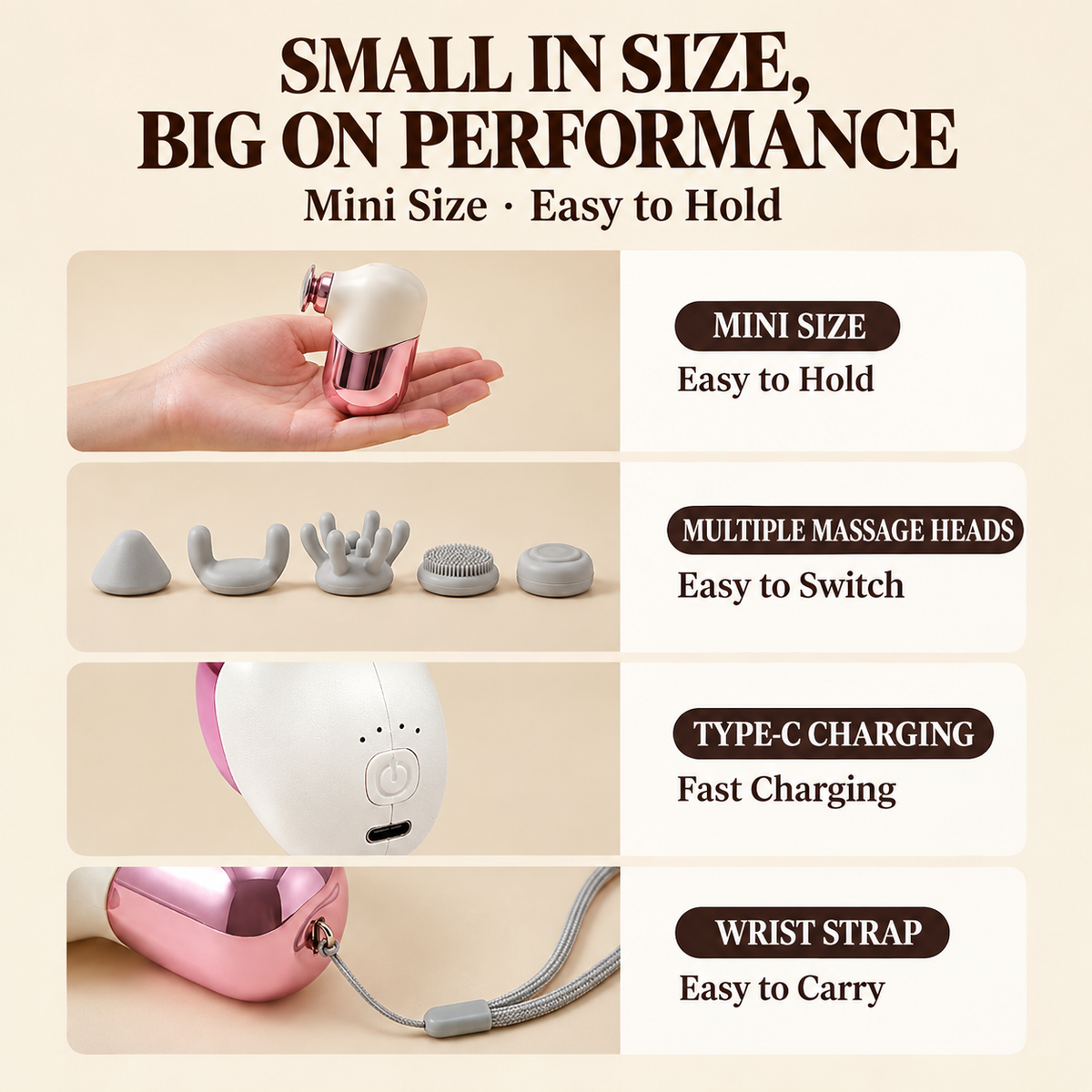 Mini Portable Pocket Massage Gun with Brushless Motor, Four Speed Settings, USB-C Rechargeable, Quiet Operation, Ergonomic Palm-Sized Design for Office, Home, Travel and Post-Workout Muscle Relaxation (Grey)