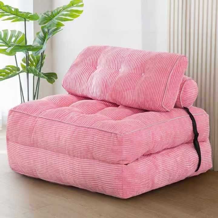 Convertible Folding Sofa Bed with Pumpkin Design, Corduroy Fabric, 3D Tufted Backrest, and Cylindrical Pillow for Living Room, Guest Room, and Small Apartments (Black)