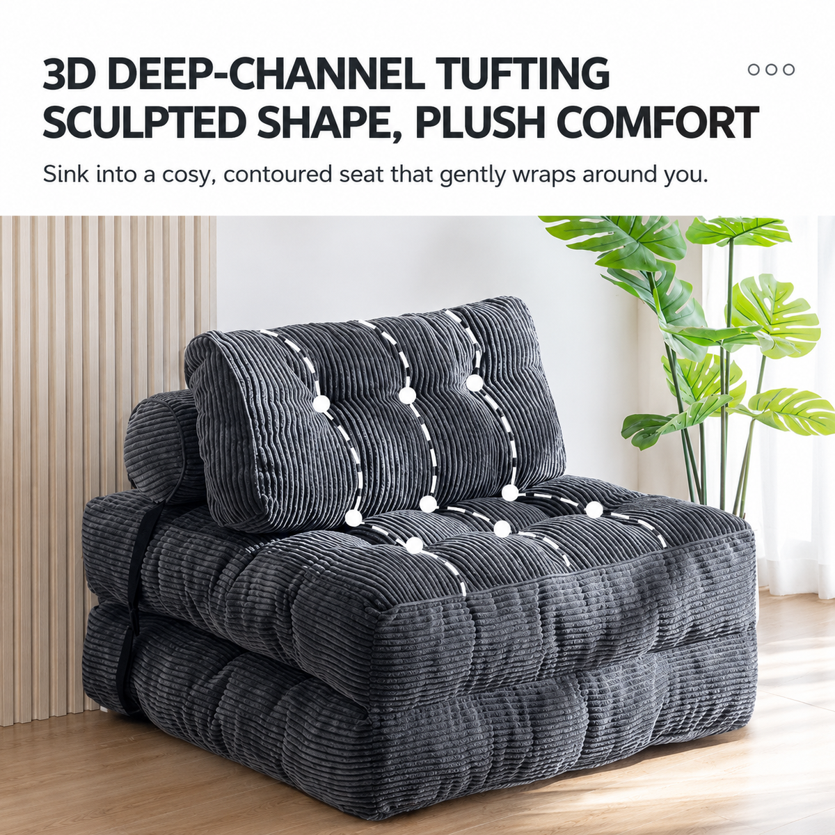 Convertible Folding Sofa Bed with Pumpkin Design, Corduroy Fabric, 3D Tufted Backrest, and Cylindrical Pillow for Living Room, Guest Room, and Small Apartments (Brown)