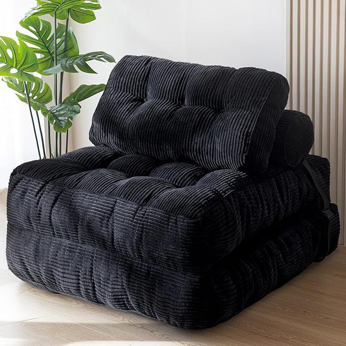 Convertible Folding Sofa Bed with Pumpkin Design, Corduroy Fabric, 3D Tufted Backrest, and Cylindrical Pillow for Living Room, Guest Room, and Small Apartments (Brown)