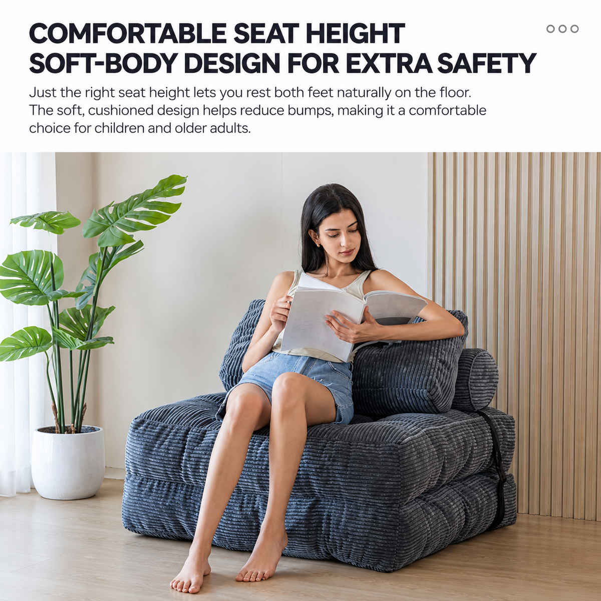 Convertible Folding Sofa Bed with Pumpkin Design, Corduroy Fabric, 3D Tufted Backrest, and Cylindrical Pillow for Living Room, Guest Room, and Small Apartments (RoyalBlue)