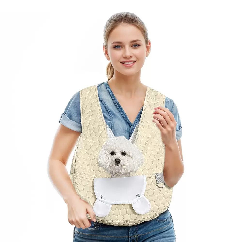 Snuggle Paws Front-Facing Pet Carrier Backpack – Hands-Free Cat & Dog Sling Bag for Travel, Hiking and Daily Outings, Breathable Quilted Cotton, Fluffy Cartoon Charm, Ideal for Small Pets (LightGrey)