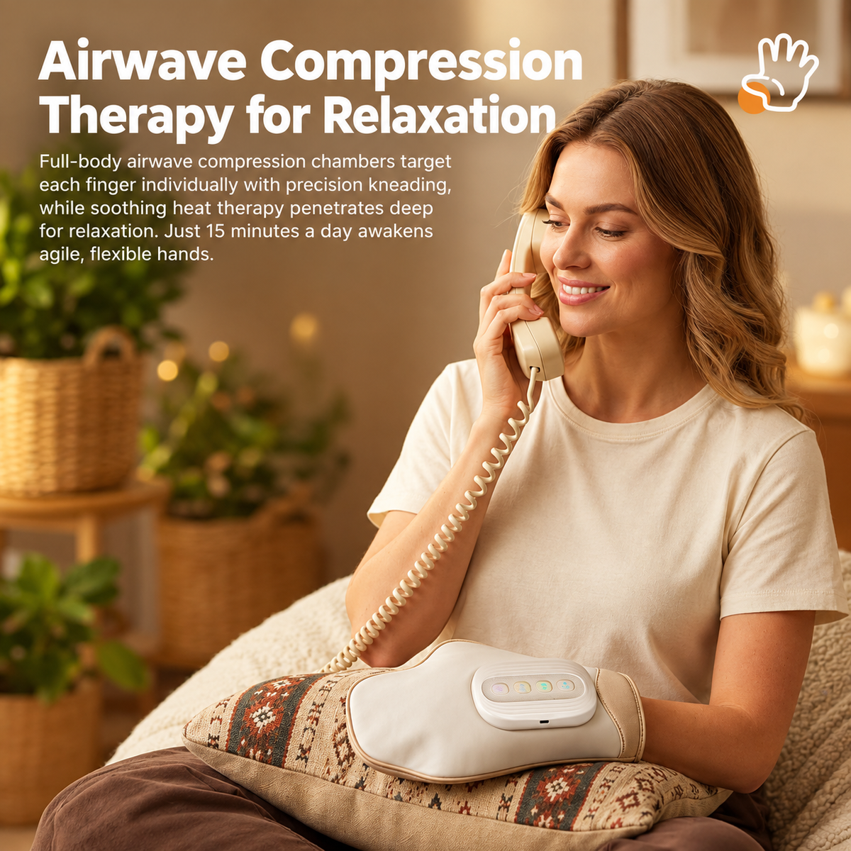 Smart Heated Hand Massager Glove with Air Compression for Home Office Relaxation, Relieves Hand Muscle Stiffness and Improves Finger Flexibility (Beige)