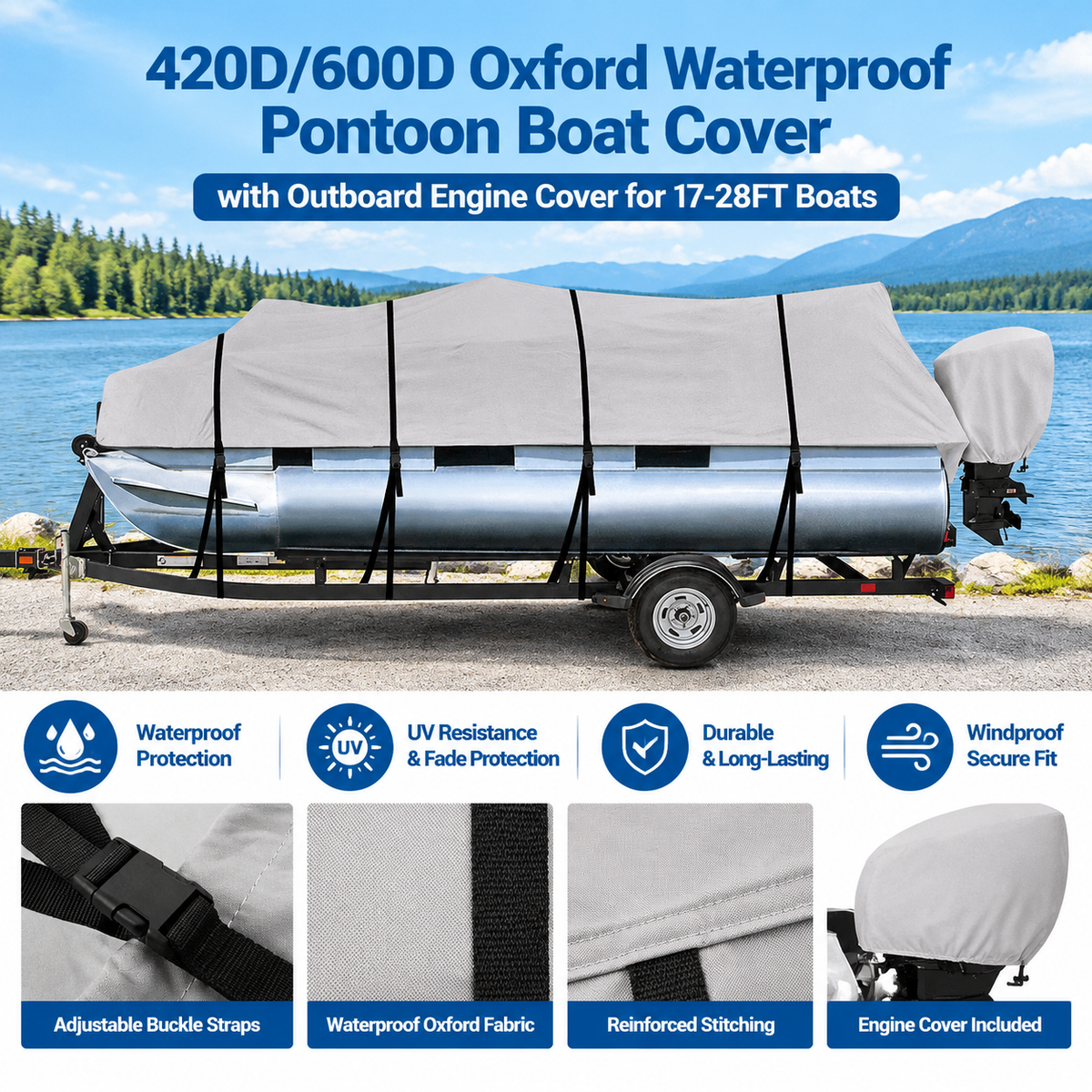 Waterproof Pontoon Boat Cover with Engine Cover and Storage Bag, UV Resistant Heavy Duty Oxford Fabric Trailerable Deck Boat Protection for Outdoor Storage and Transport (600D Oxford PU Grey, 2XL)