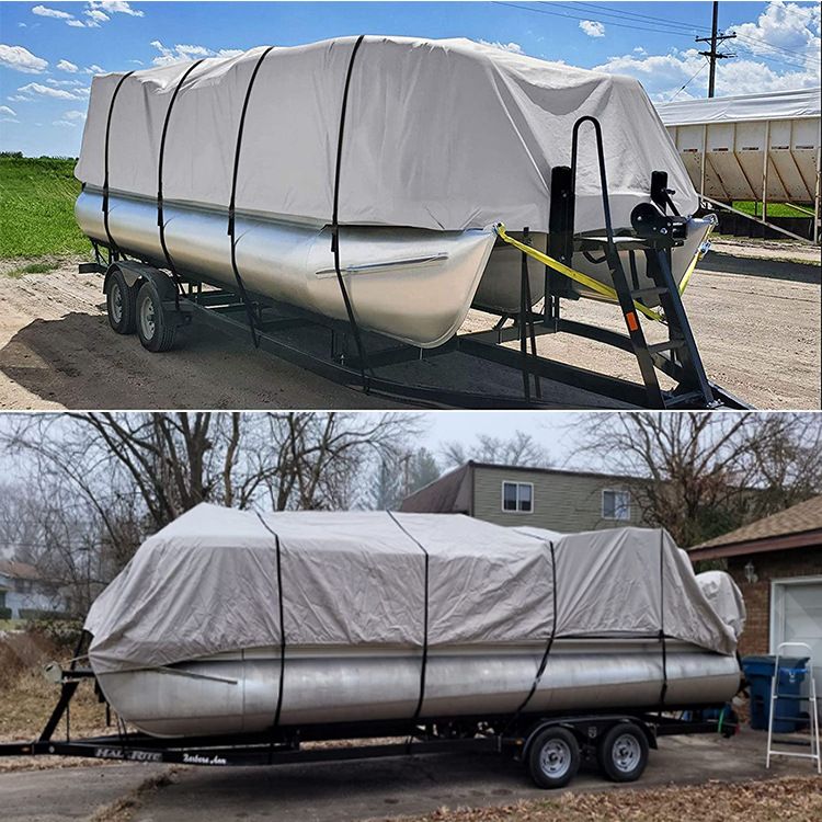 Waterproof Pontoon Boat Cover with Engine Cover and Storage Bag, UV Resistant Heavy Duty Oxford Fabric Trailerable Deck Boat Protection for Outdoor Storage and Transport (600D Oxford PU Grey, XL)