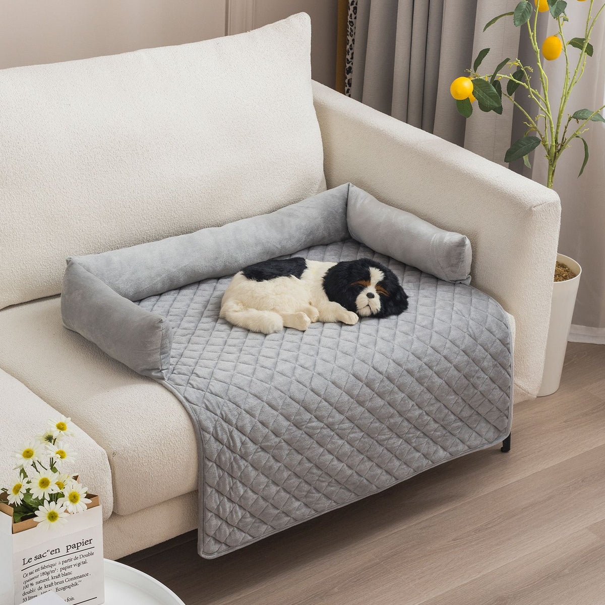 Plush Bolster Pet Bed Mat with Anti-Slip Base and Extended Drop Edge for Sofa and Floor Lounging (Beige, 90*120cm)