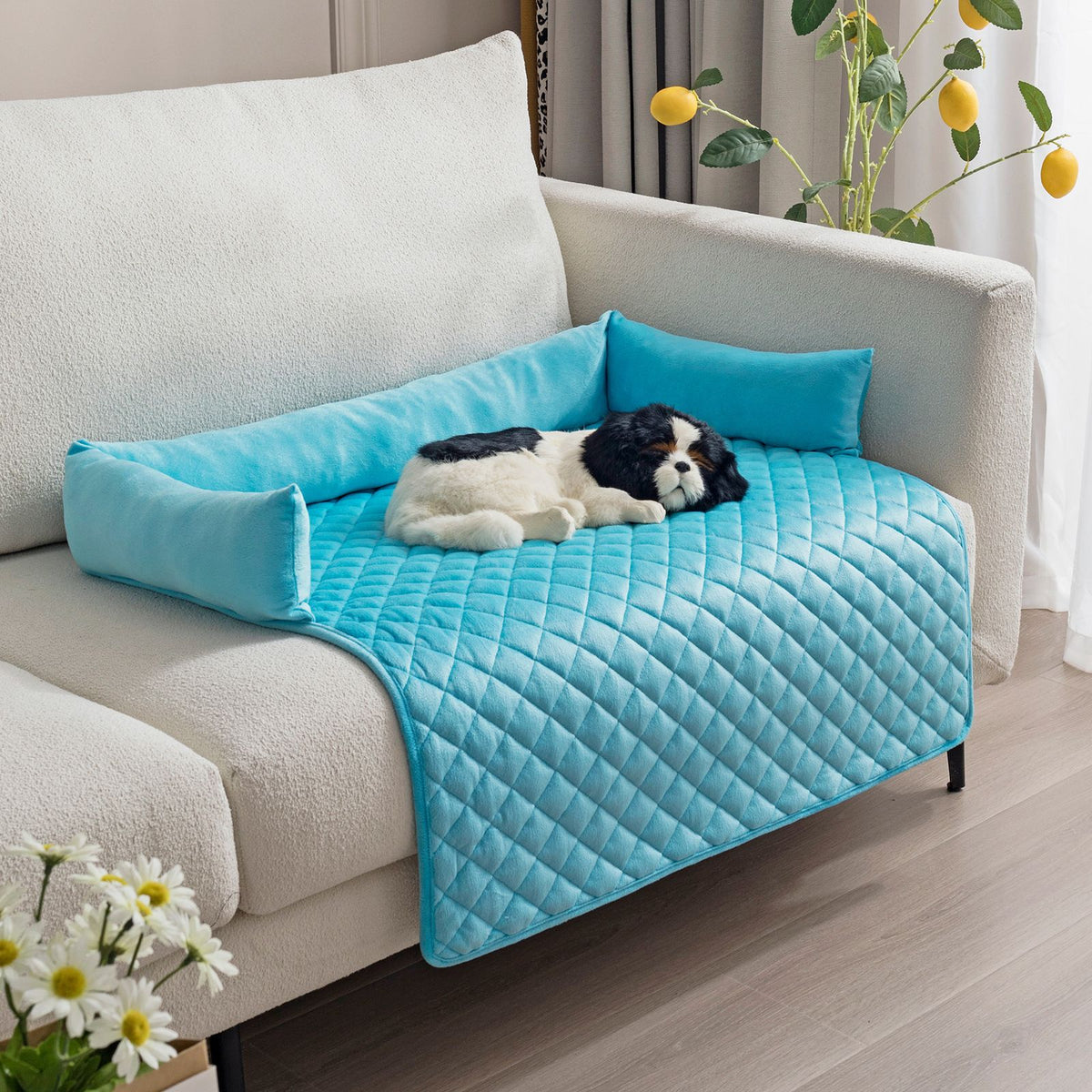 Plush Bolster Pet Bed Mat with Anti-Slip Base and Extended Drop Edge for Sofa and Floor Lounging (Beige, 90*120cm)