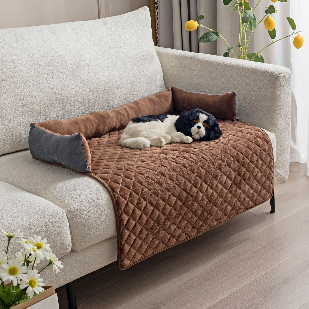 Plush Bolster Pet Bed Mat with Anti-Slip Base and Extended Drop Edge for Sofa and Floor Lounging (Beige, 90*90cm)