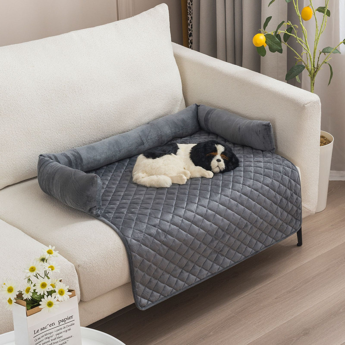 Plush Bolster Pet Bed Mat with Anti-Slip Base and Extended Drop Edge for Sofa and Floor Lounging (Beige, 90*90cm)