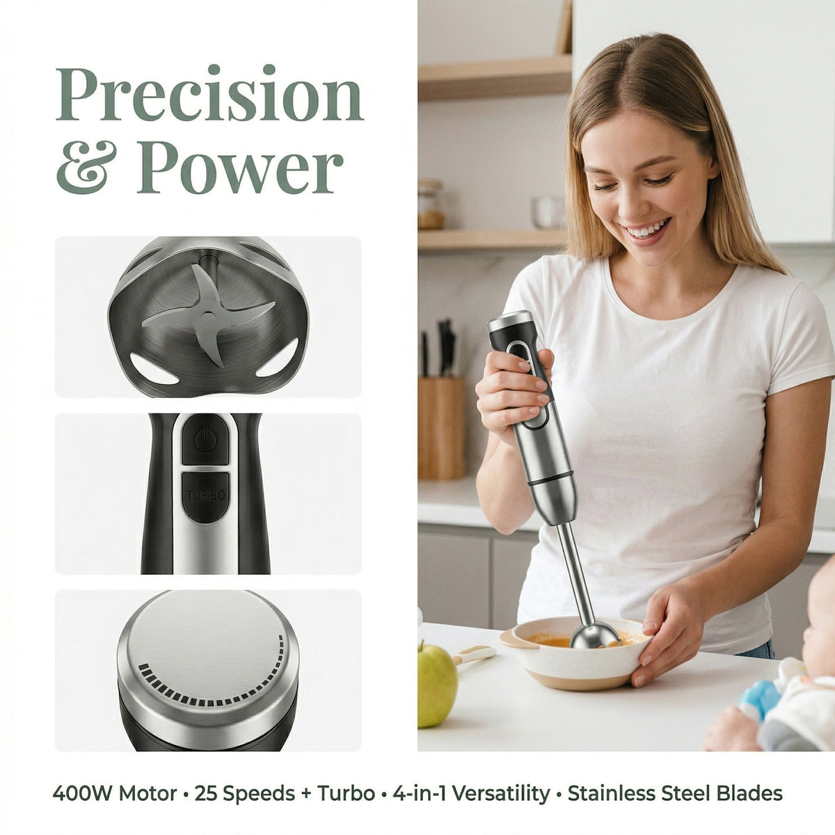4-in-1 Multifunctional Hand Blender with 304 Stainless Steel Immersion Stick, Chopper Bowl, Whisk Attachment and Measuring Cup for Smoothies, Baby Food, Soups, Cream and Egg Whisking, and Vegetable Chopping in Home Kitchen (4-in-1)