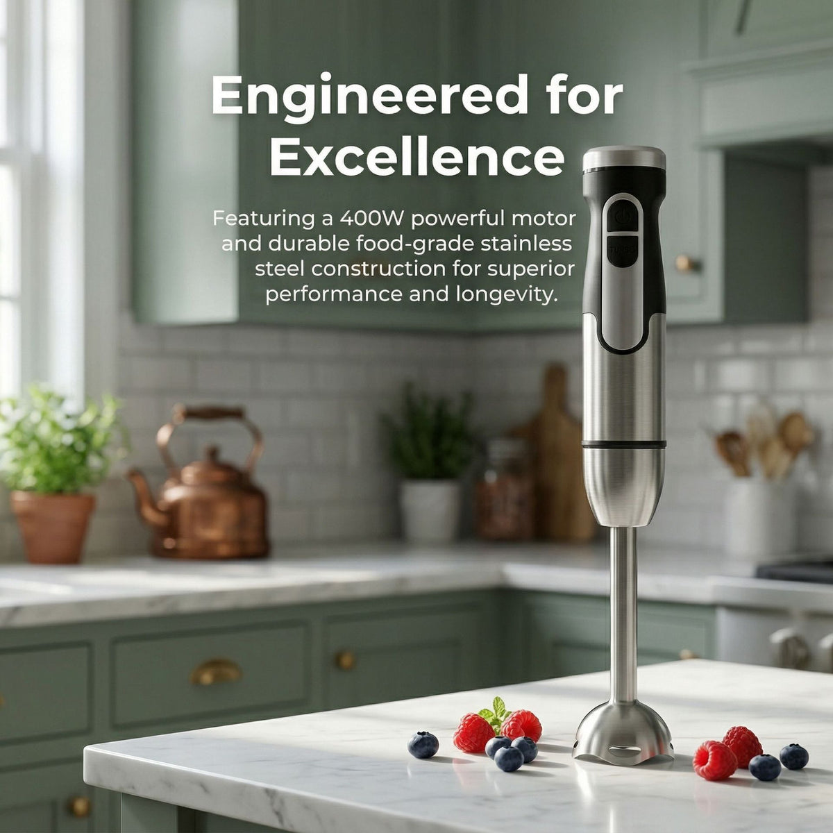 4-in-1 Multifunctional Hand Blender with 304 Stainless Steel Immersion Stick, Chopper Bowl, Whisk Attachment and Measuring Cup for Smoothies, Baby Food, Soups, Cream and Egg Whisking, and Vegetable Chopping in Home Kitchen (4-in-1)