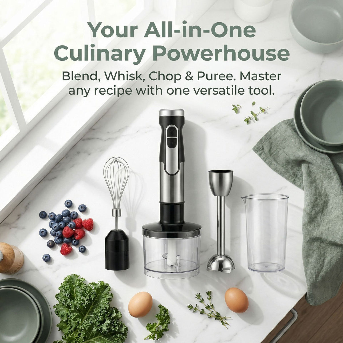 4-in-1 Multifunctional Hand Blender with 304 Stainless Steel Immersion Stick, Chopper Bowl, Whisk Attachment and Measuring Cup for Smoothies, Baby Food, Soups, Cream and Egg Whisking, and Vegetable Chopping in Home Kitchen (4-in-1)