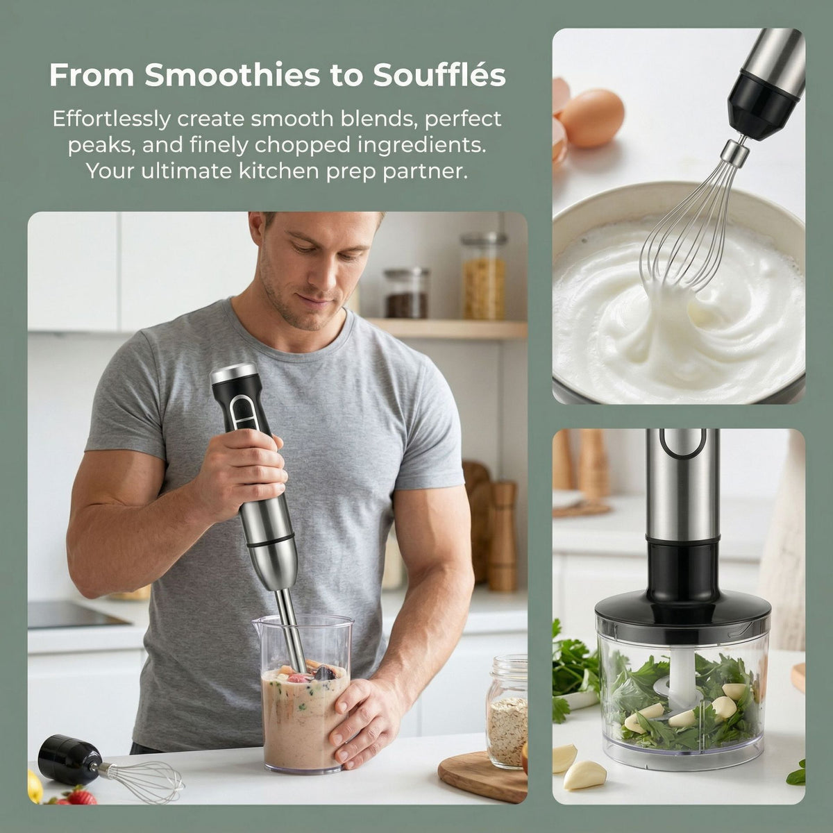 4-in-1 Multifunctional Hand Blender with 304 Stainless Steel Immersion Stick, Chopper Bowl, Whisk Attachment and Measuring Cup for Smoothies, Baby Food, Soups, Cream and Egg Whisking, and Vegetable Chopping in Home Kitchen (5-in-1)