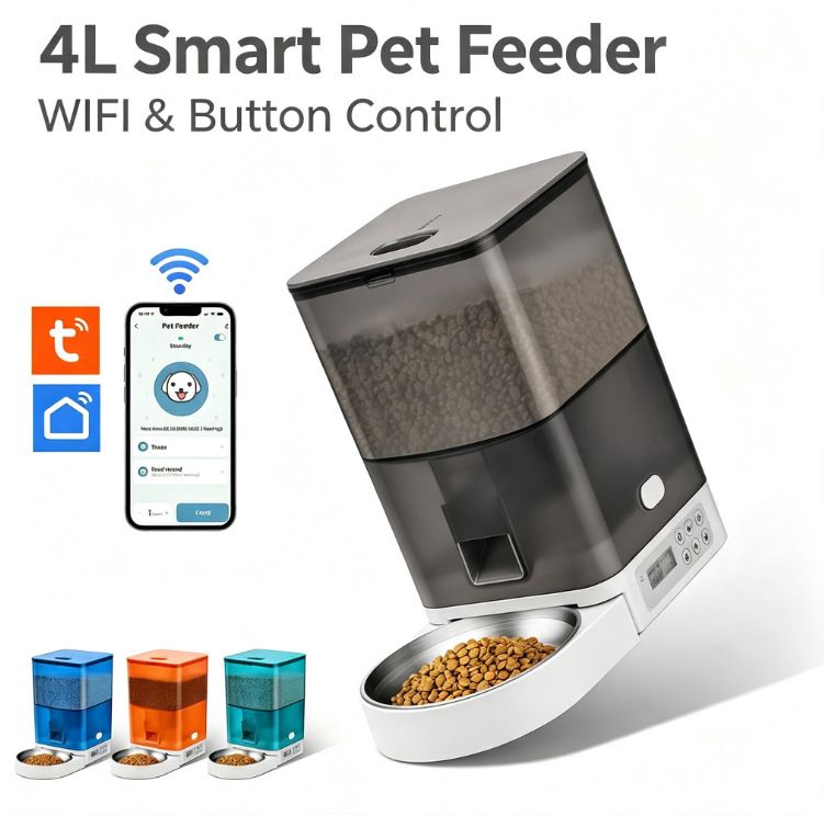 Smart Pet Feeder with WiFi and Button Control, 4L Automatic Cat and Dog Food Dispenser with Removable Stainless Steel Bowl, Ideal for Busy Owners, Travel, and Home Use (Cyan, WIFI Version)