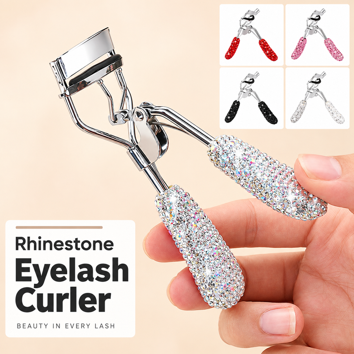 Rhinestone Eyelash Curler with Silicone Pad Portable Wide-Angle Beauty Tool for Daily Makeup and Lash Styling (Pink)