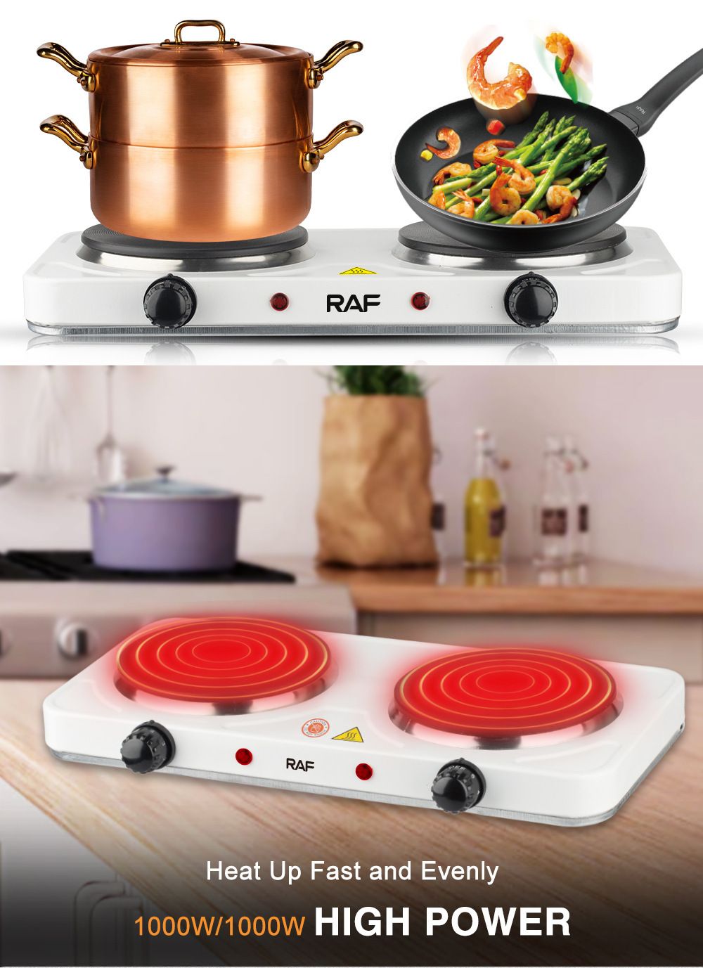 Double Burner Electric Ceramic Cooktop 2000W Countertop Hot Plate with 5-Level Temperature Control, Portable Dual Stove for Home Kitchen Cooking, Frying, Steaming, Boiling, Roasting and Daily Meal Preparation (White)