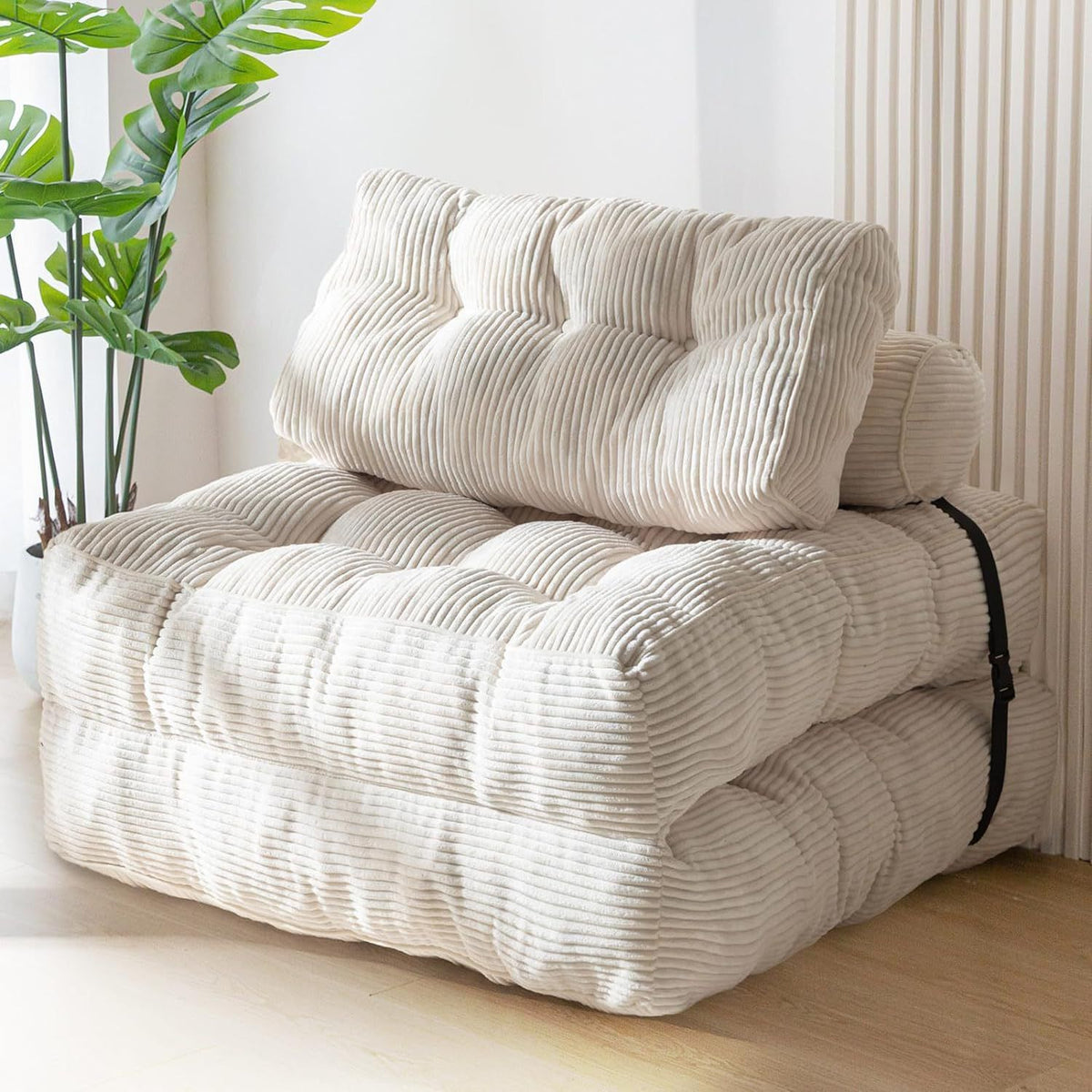 Convertible Folding Sofa Bed Pumpkin Design Corduroy Fabric Two-in-One Lounger for Living Room Bedroom Small Apartments Guest Room Daily Relaxation and Overnight Sleeping (Beige)