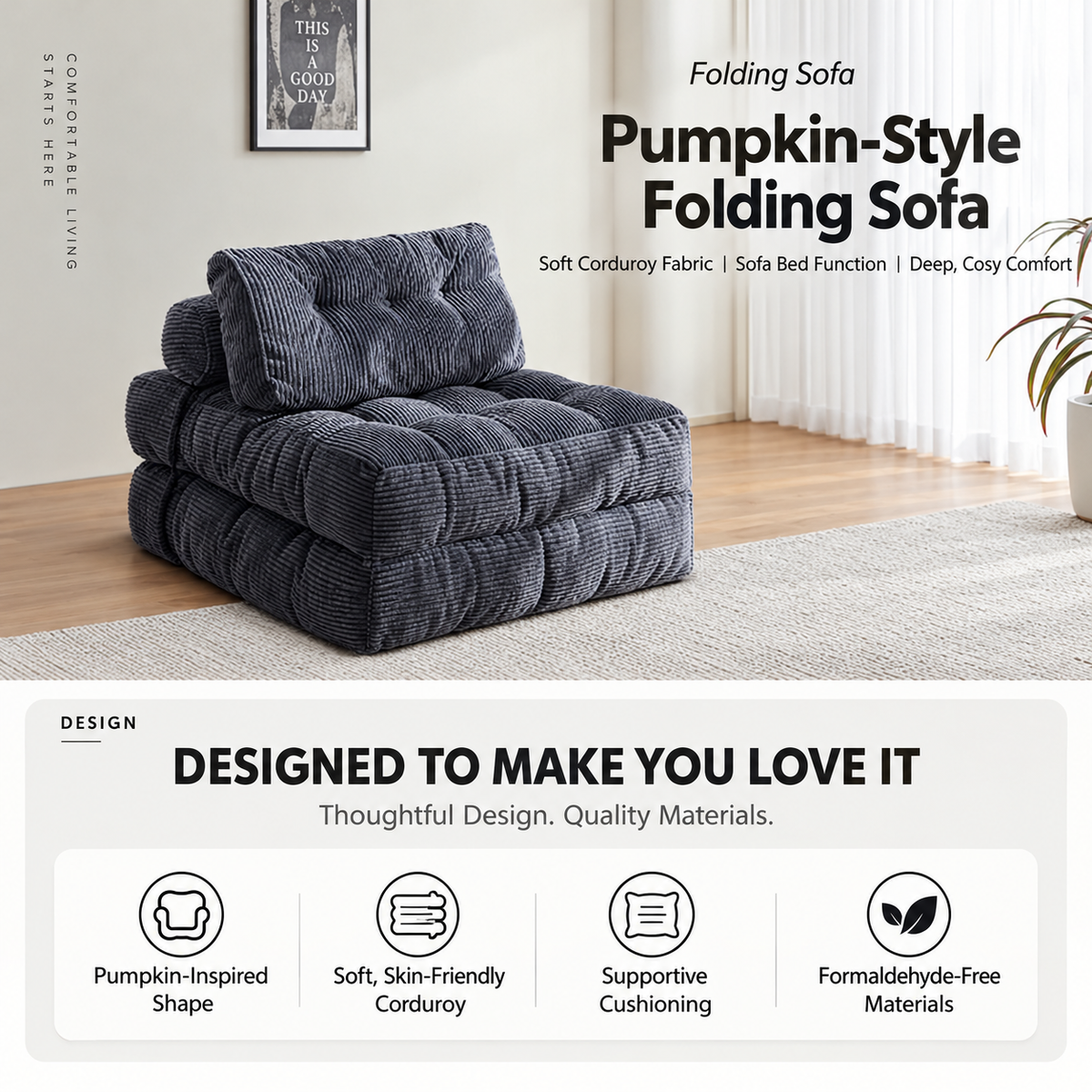 Convertible Folding Sofa Bed Pumpkin Design Corduroy Fabric Two-in-One Lounger for Living Room Bedroom Small Apartments Guest Room Daily Relaxation and Overnight Sleeping (Beige)