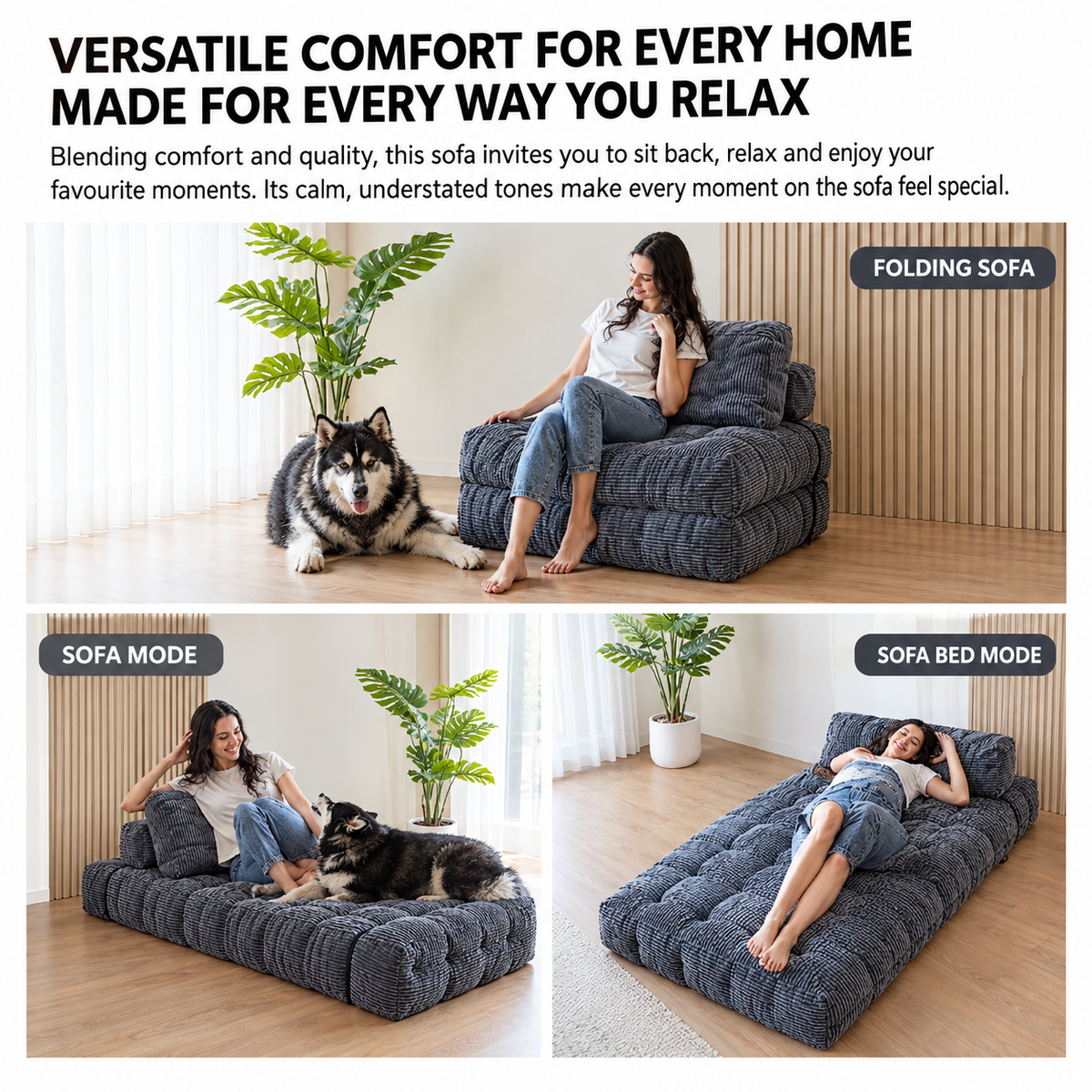 Convertible Folding Sofa Bed Pumpkin Design Corduroy Fabric Two-in-One Lounger for Living Room Bedroom Small Apartments Guest Room Daily Relaxation and Overnight Sleeping (Beige)
