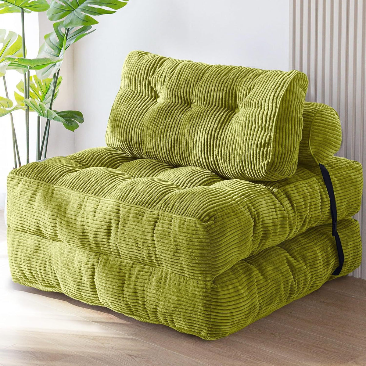 Convertible Folding Sofa Bed Pumpkin Design Corduroy Fabric Two-in-One Lounger for Living Room Bedroom Small Apartments Guest Room Daily Relaxation and Overnight Sleeping (Green)