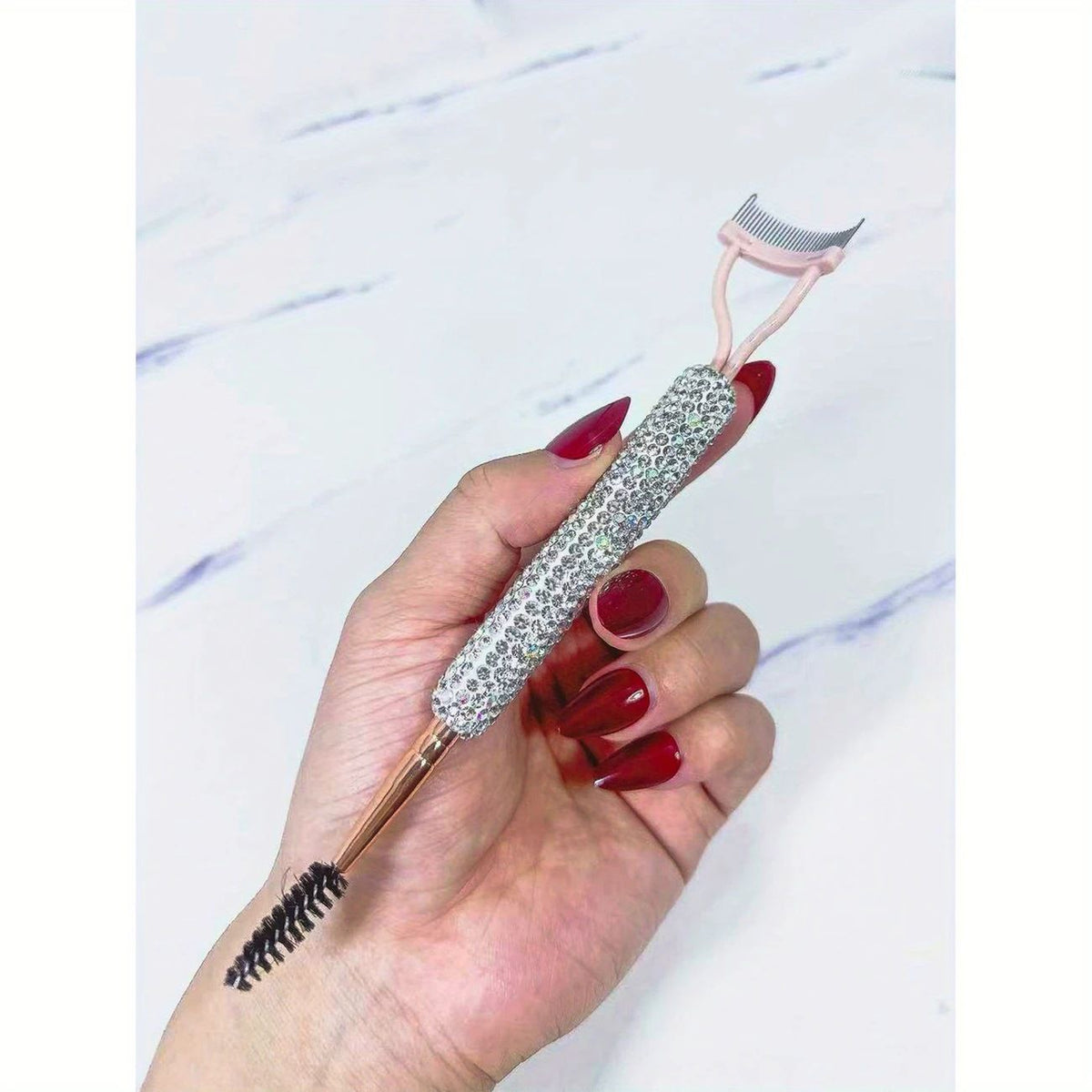 Dual-Ended Rhinestone Eyelash Comb and Spiral Brow Brush for Daily Makeup, Lash Grooming, Eyebrow Shaping, Portable Beauty Tool for Beginners and Professionals (Pink)
