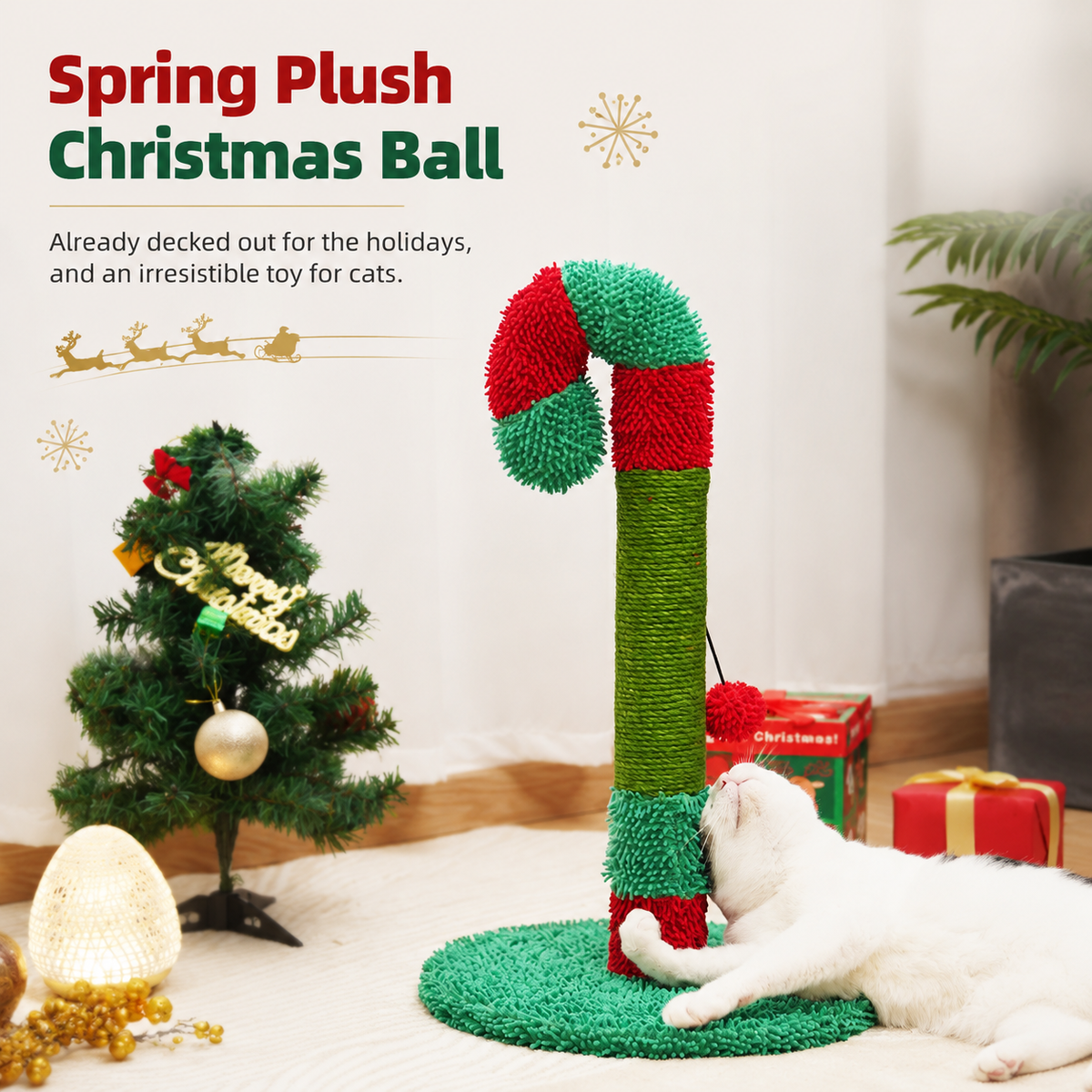 Cat Christmas Tree Scratcher Post with Spring Bobbing Head and Hanging Ball, Festive Santa and Candy Cane Design, Durable Sisal Rope, No-Mess Scratching, Interactive Indoor Cat Toy and Holiday Decor (30*57CM)