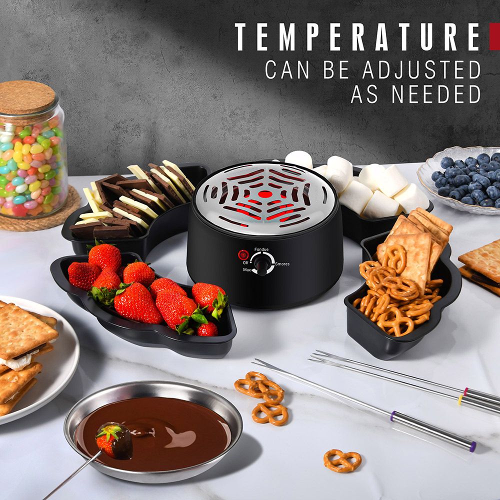 2-in-1 Electric Marshmallow Roaster and Chocolate Fondue Melting Pot with Stainless Steel Grill, Snack Tray and Forks for Cozy Home Gatherings, Date Nights and Holiday Parties (Black)
