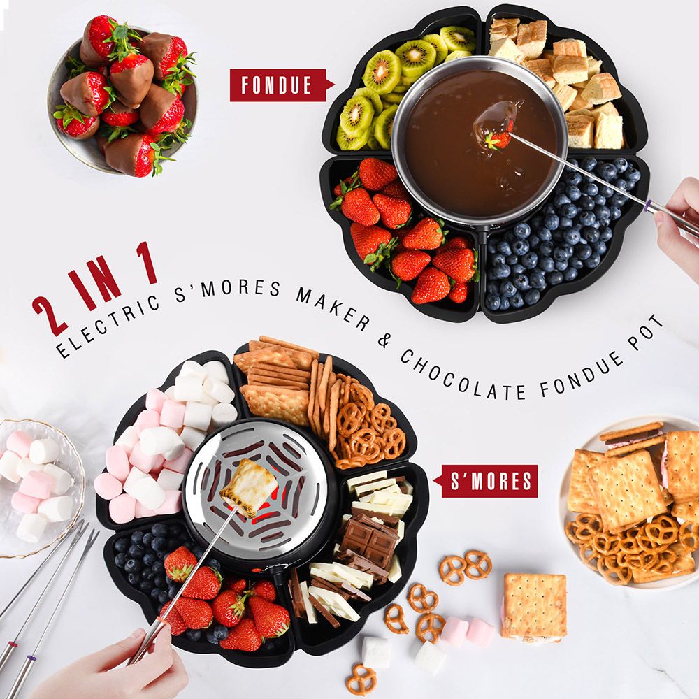 2-in-1 Electric Marshmallow Roaster and Chocolate Fondue Melting Pot with Stainless Steel Grill, Snack Tray and Forks for Cozy Home Gatherings, Date Nights and Holiday Parties (Black)
