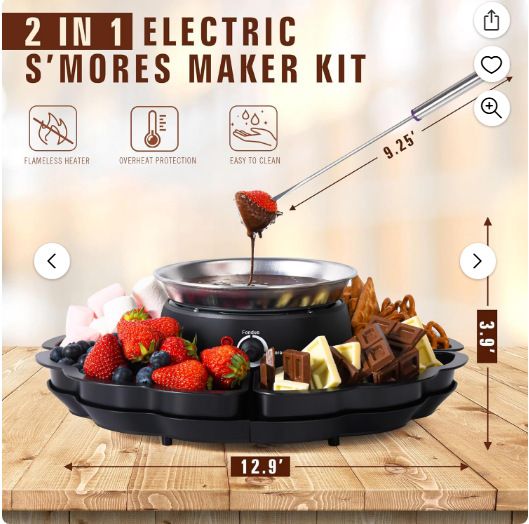 2-in-1 Electric Marshmallow Roaster and Chocolate Fondue Melting Pot with Stainless Steel Grill, Snack Tray and Forks for Cozy Home Gatherings, Date Nights and Holiday Parties (Black)