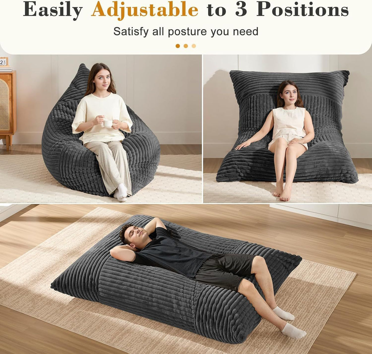 Convertible Bean Bag Sofa Chair with Memory Foam Filling, Adjustable Multi-Position Lounger for Reading, Sleeping, Gaming, and Home Office in Small Apartments and Living Rooms (Beige)