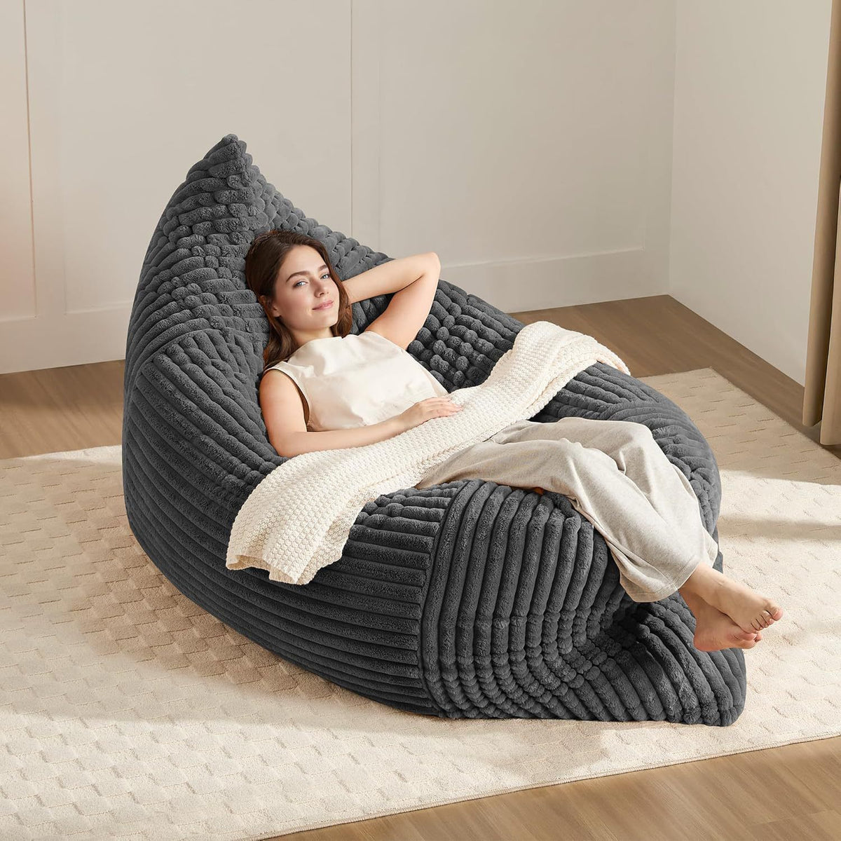 Convertible Bean Bag Sofa Chair with Memory Foam Filling, Adjustable Multi-Position Lounger for Reading, Sleeping, Gaming, and Home Office in Small Apartments and Living Rooms (Beige)