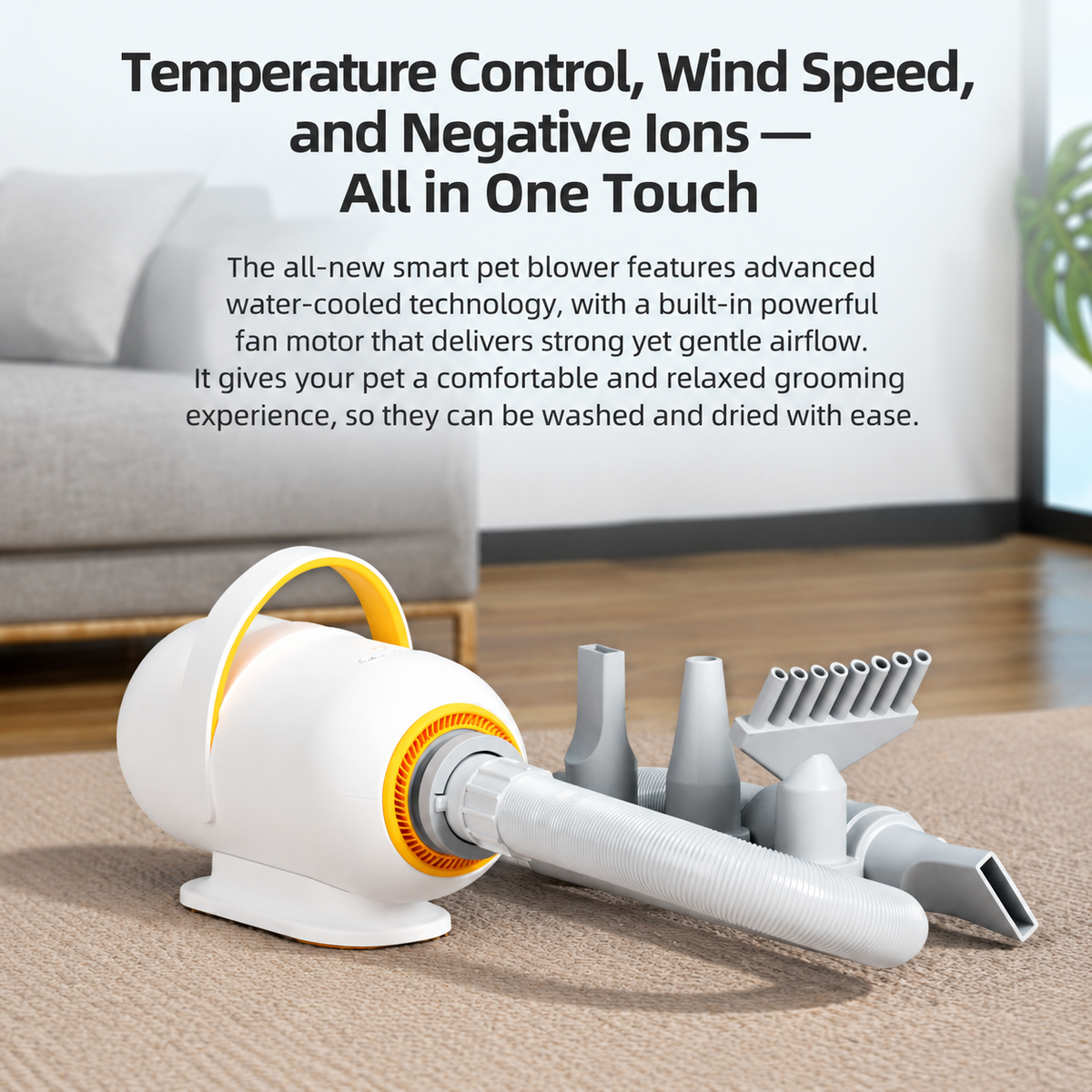 Smart Pet Grooming Dryer with Adjustable Speed Temperature and Replaceable Nozzles for Quick Drying and Loose Hair Removal After Bathing for Cats and Dogs at Home (Single Blow Pet Dryer)
