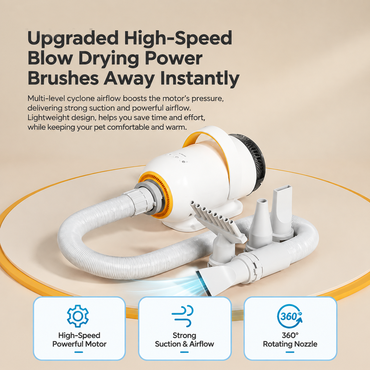 Smart Pet Grooming Dryer with Adjustable Speed Temperature and Replaceable Nozzles for Quick Drying and Loose Hair Removal After Bathing for Cats and Dogs at Home (Single Blow Pet Dryer)