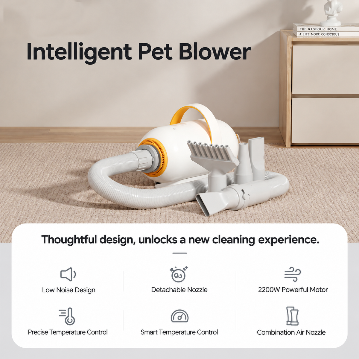 Smart Pet Grooming Dryer with Adjustable Speed Temperature and Replaceable Nozzles for Quick Drying and Loose Hair Removal After Bathing for Cats and Dogs at Home (Upgraded Blow & Suction Pet Dryer)
