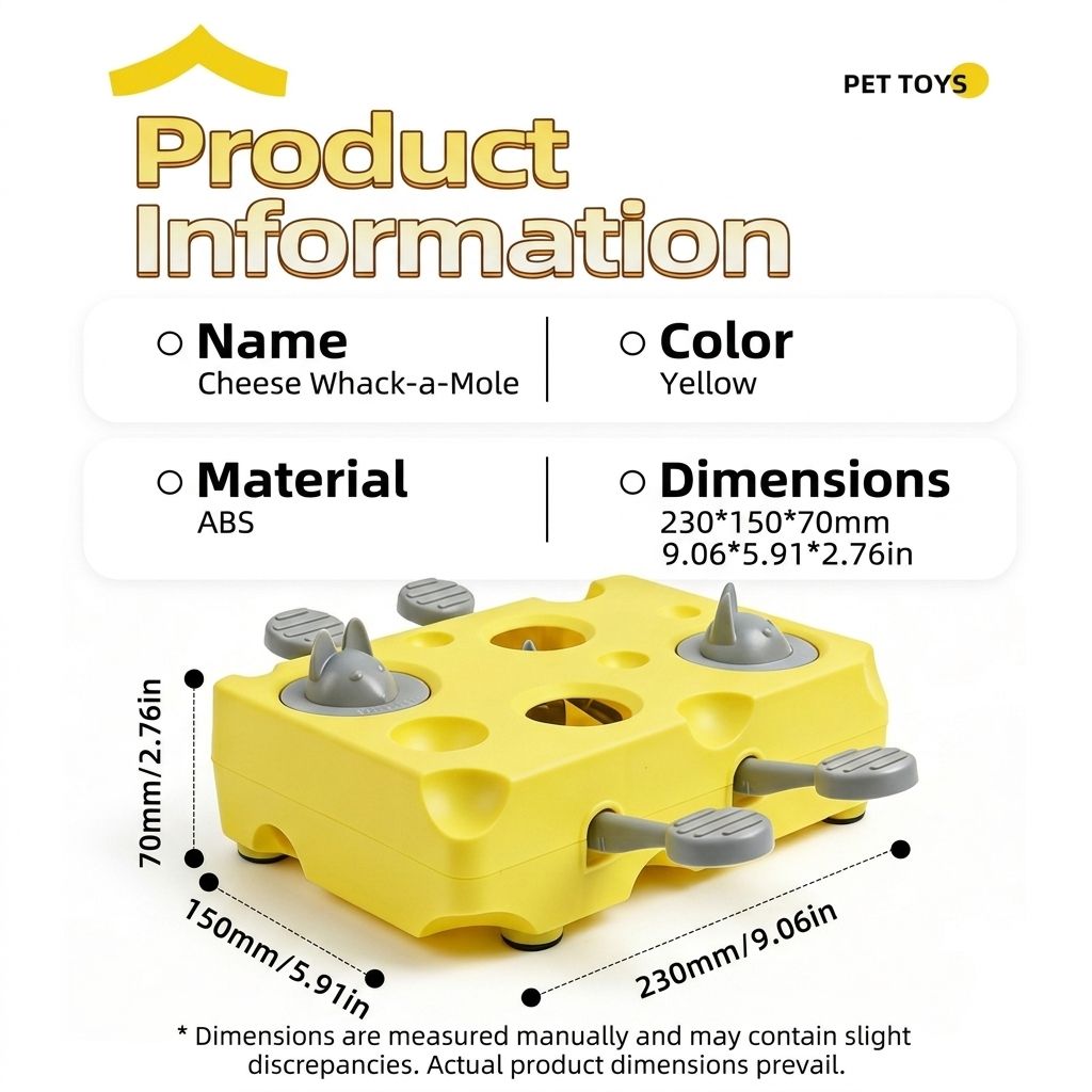 Interactive Cheese Whack-a-Mole Puzzle Toy for Cats and Dogs – Treat Dispensing Snack Feeder, Brain Training Enrichment Game, and Fun Pet-owner Bonding Activity for Indoor Play (Yellow)