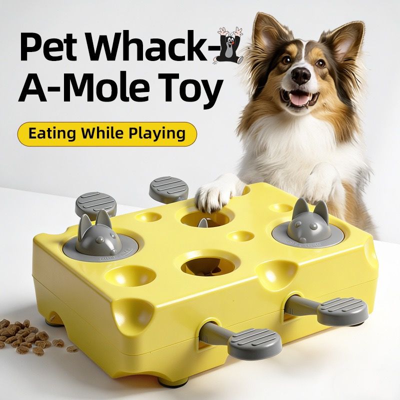 Interactive Cheese Whack-a-Mole Puzzle Toy for Cats and Dogs – Treat Dispensing Snack Feeder, Brain Training Enrichment Game, and Fun Pet-owner Bonding Activity for Indoor Play (Yellow)